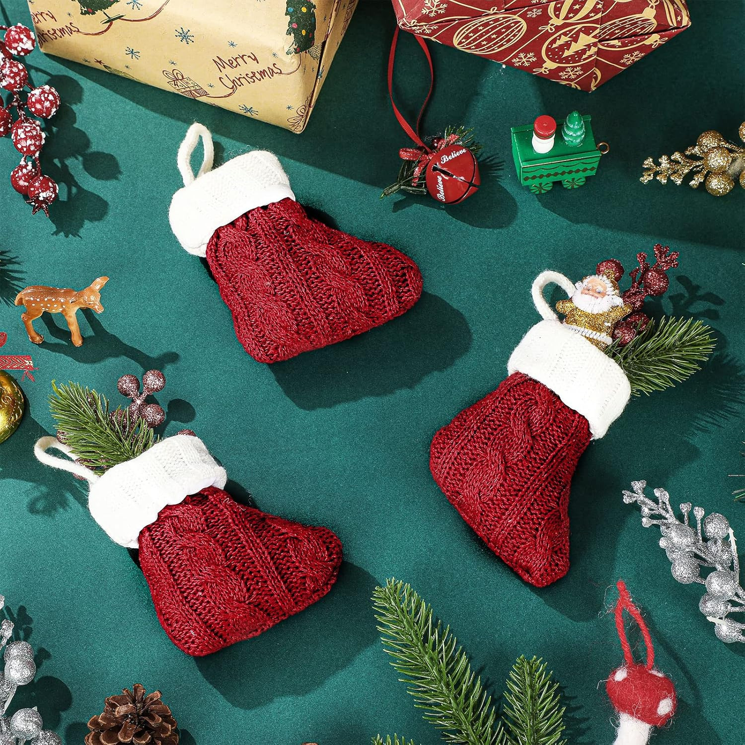 24 Pcs Christmas Mini Stockings Red Cable Xmas Rustic Stocking Mini Stockings Christmas Bulk Little Holiday Hanging Decorations Christmas Tree Ornaments for Fireplace Mantel Tree (Vintage Style) image number 4