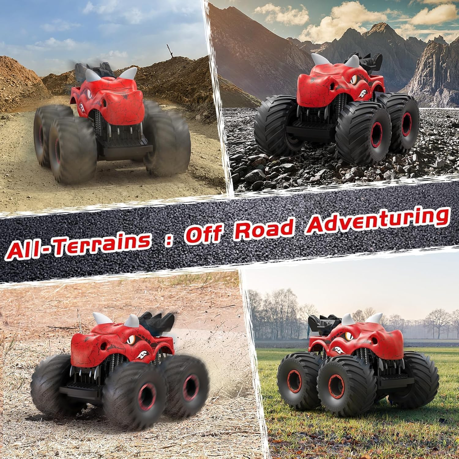 Remote Control Dinosaur Car, 2.4Ghz RC Monster Trucks for Boys with Spray, Light & Sound, All Terrain RC Cars with 2 Batteries, Dinosaur Toys for Kids 3 4 5 6 7 8, Christmas Birthday Gift (Red) image number 4
