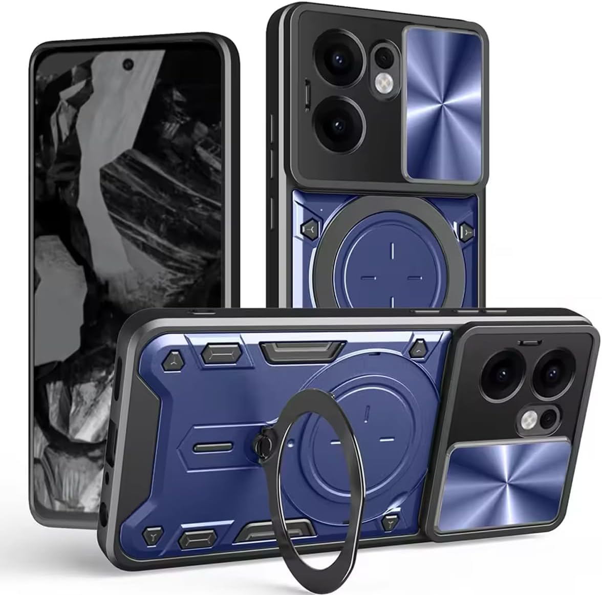 FORZARMOR for Oppo Reno13 Pro 5G (6.83 Inch) Case Shockproof with Back Camera Slide Window Cover, Ring Kickstand Armor Military Rugged Cover (For Reno13 Pro,Black)