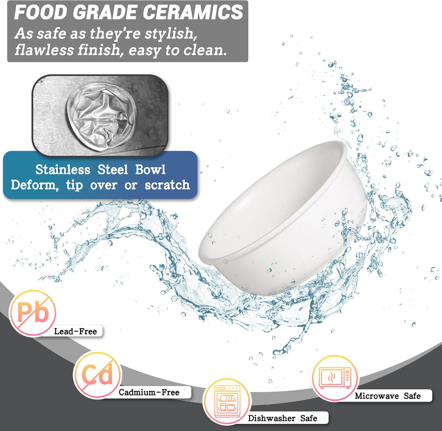 Raised Ceramic Dog Bowl with Metal Stand - Double Bowls for Food and Water - Feeding Bowl for Cats and Small to Medium Dogs - White image number 6