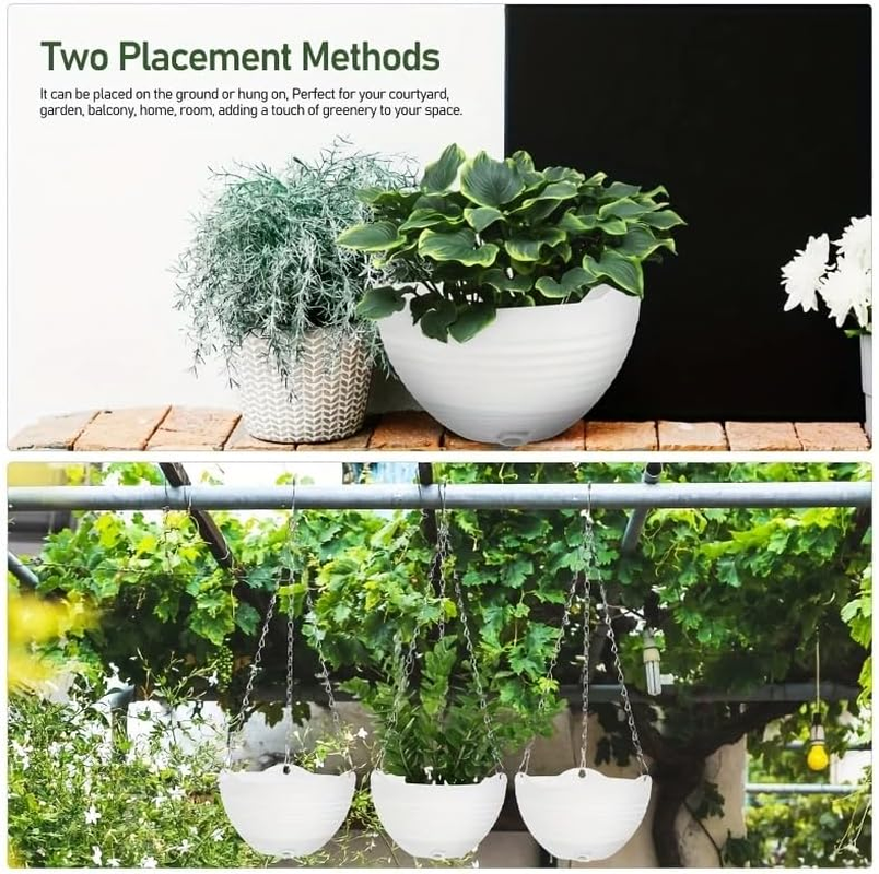 Hanging Planters for Indoor Plants, 3Pcs Hanging Baskets for Outdoor Plants with Drainage Holes and Chain, round Plastic Flower Pots, Hanging Flower Pots for Balcony Garden Decor-White image number 1