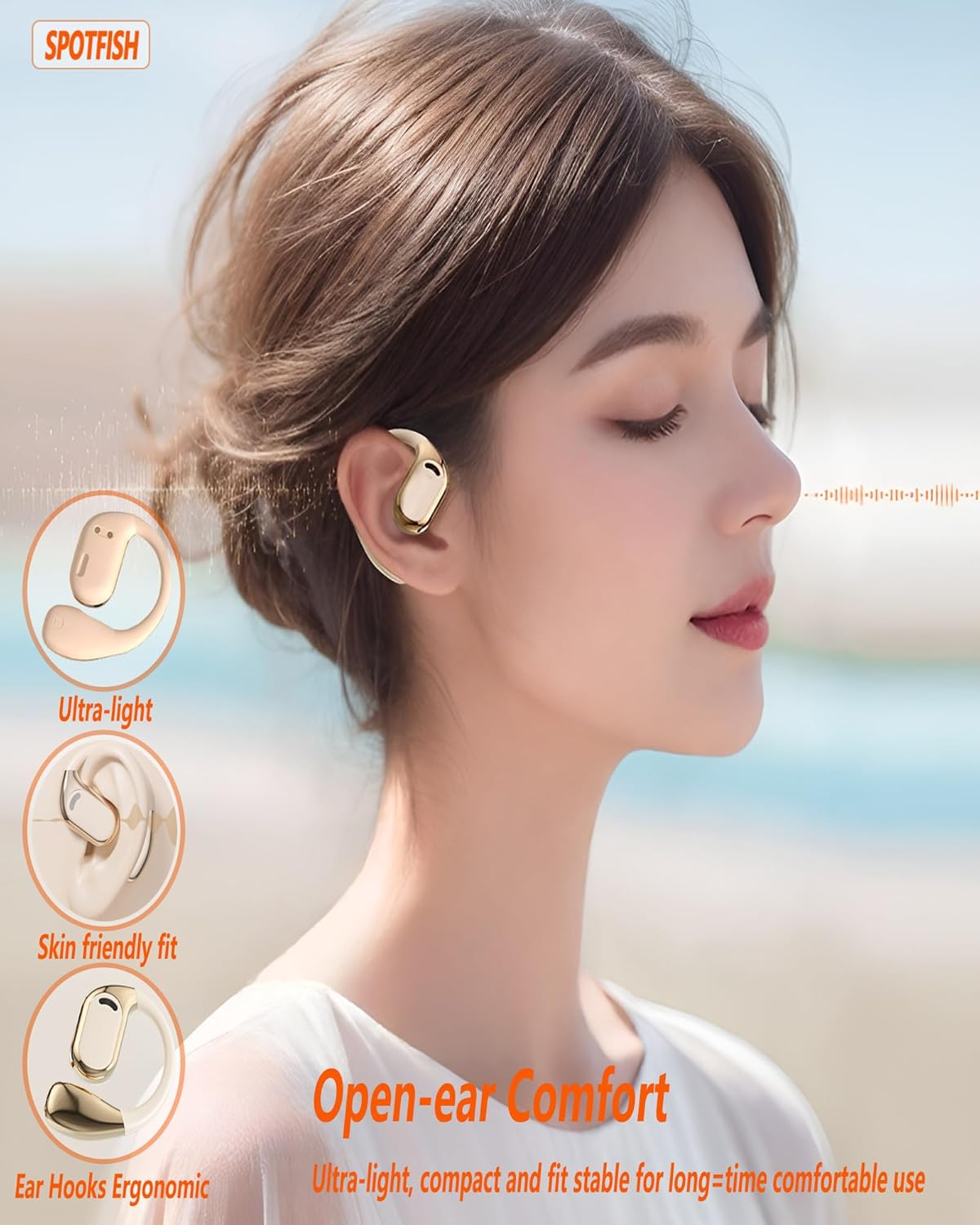 SPOTFISH Open Ear Headphones, True Wireless Earbuds Bluetooth 5.4,Hanging Ear Sports Earphones,Enc Noise Cancelling Clear Calls，Easy Touch Control，Advanced Aesthetics Charging Case-M76 (Beige) - Beige image number 2