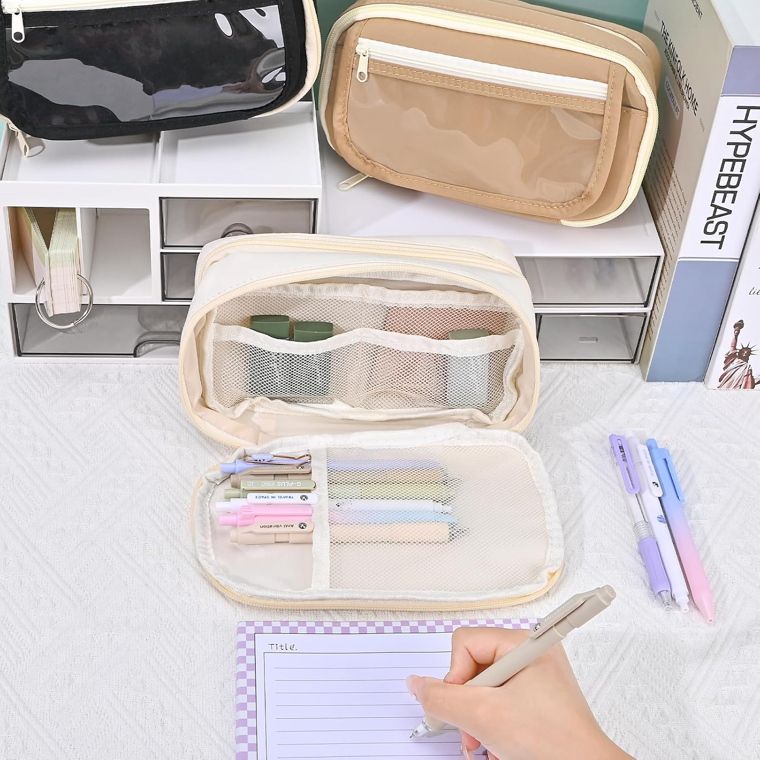 BAYTORY Large Capacity Pencil Case, Aesthetic Back to School Pencil Cases with 4 Compartments, Canvas Pencil Case for Makeup Bag and Stationery Organizer (Beige) image number 6