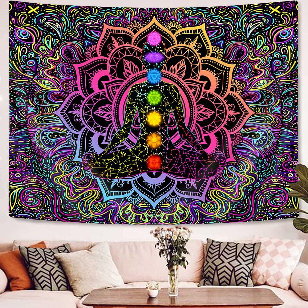 Seven Chakra Bohemian Mandala Spiritual Tapestry - Psychedelic Trippy Wall Hanging for Yoga, Meditation, Boho Studio, Bedroom, Living Room, Dorm - 60 X 40 Inch image number 3