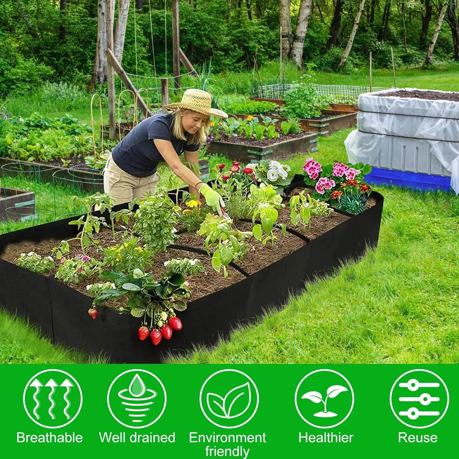 Fabric Raised Garden Bed, 8 Holes 128 Gallon Plant Grow Bag, Rectangle Garden Grow Bed Bags for Growing Herbs, Flowers and Vegetables image number 1