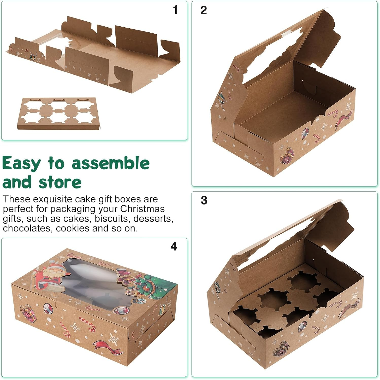 ZANZER 20PCS Christmas Cupcake Boxes 6 Hole with Window, Christmas Cakes Gift Boxes with Christmas Kraft, Christmas Pastry Boxes for Cupcake Cookies Desserts image number 3