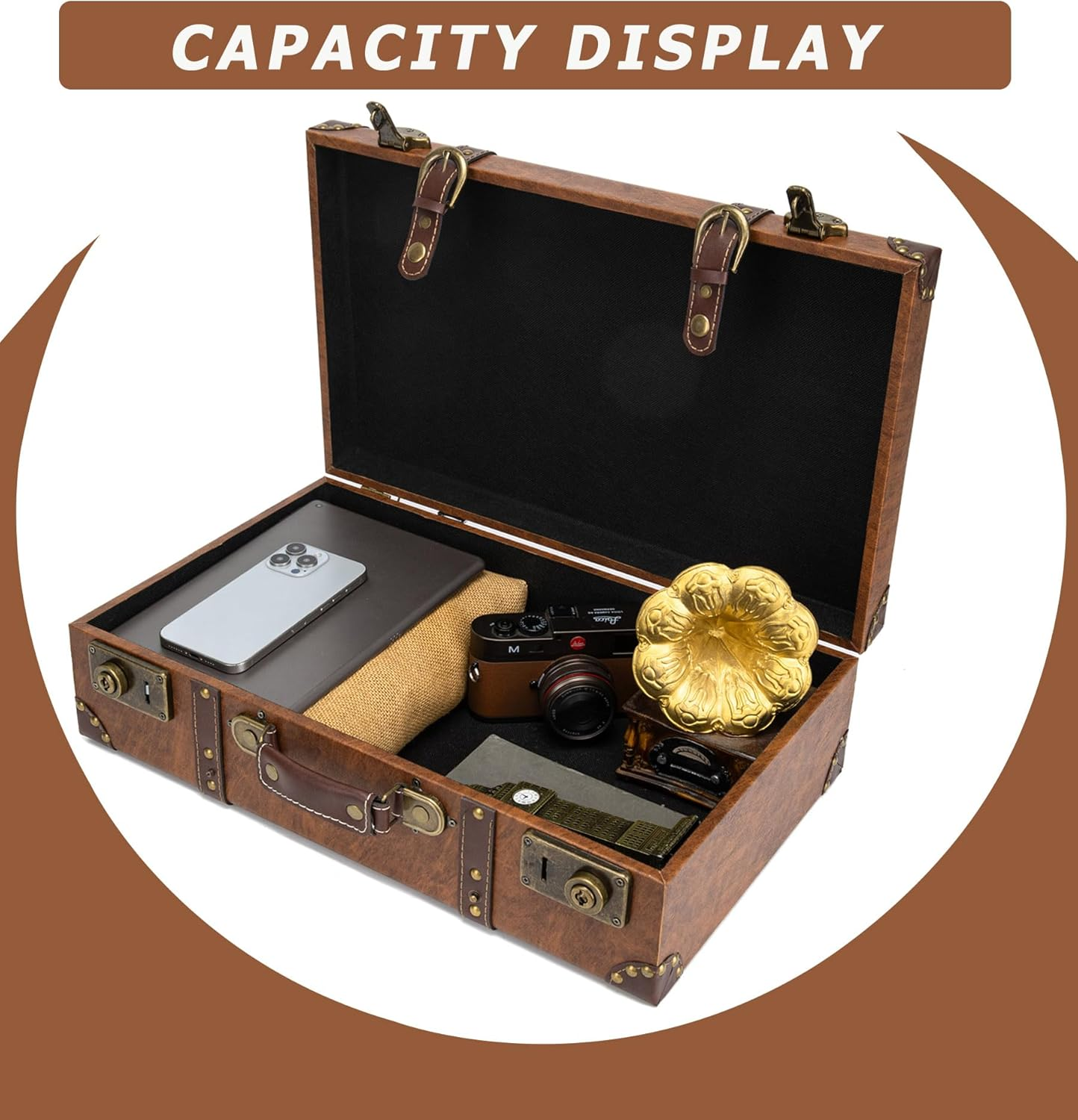 Feilario Vintage Leather Storage Trunk Small Portable Decorative Luggage Suitcase Movie Prop Luggage- 2 Size Option (Brown, S/L Set) image number 5