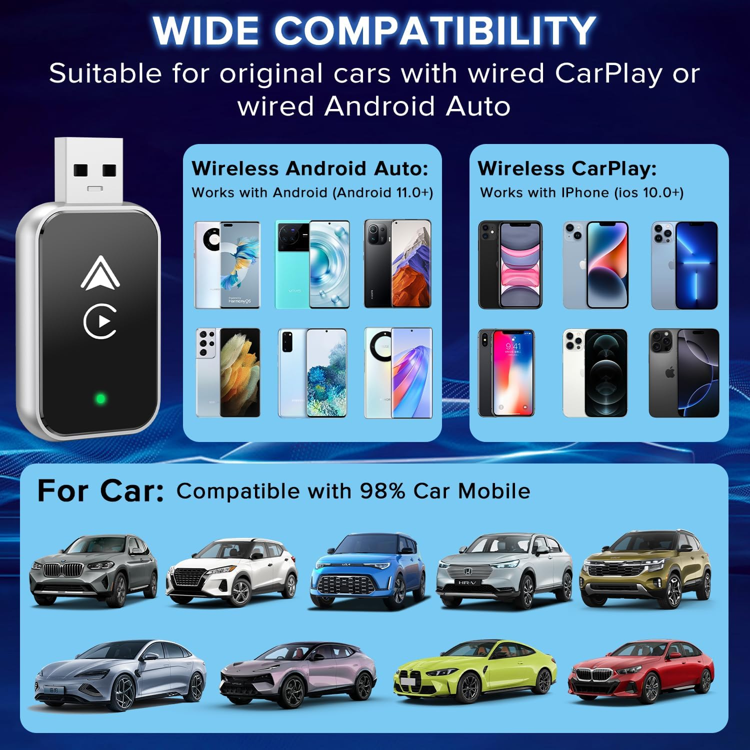 Necomi Wireless Carplay Adapter for Iphone/Android,2 in 1 Upgrade Wireless Auto Adapter, Dongle Plug and Play, No Delay,For Iphone Ios 10+/ Android 11+/ Cars 2017+ image number 3