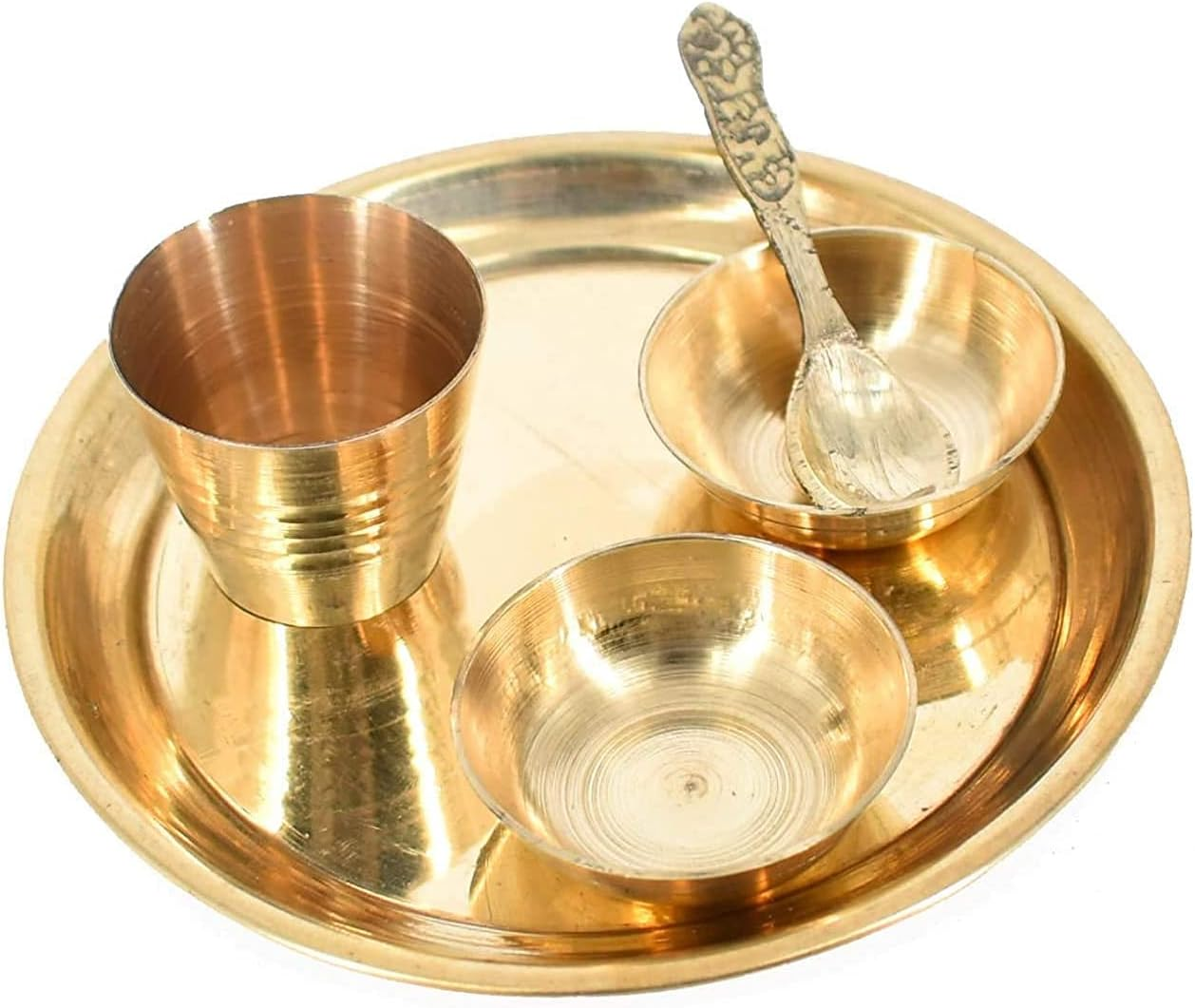 Brass Bhog 11Cm Thali Plate Laddu Gopal/Krishna Pooja Set with 1 Thali 2 Katori, 1 Glass, 1 Spoon Set for Temple Home Office Festival Diwali Gift image number 3