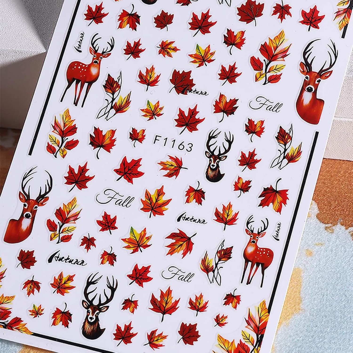 Fall Nail Art Stickers Autumn Maple Leaf Nail Decals 6PCS Autumn Leaves Deer Design 3D Self-Adhesive Nail Art Decorations Supplies Fall Stickers for Nails Women Thanksgiving Day DIY Manicure Decor image number 5