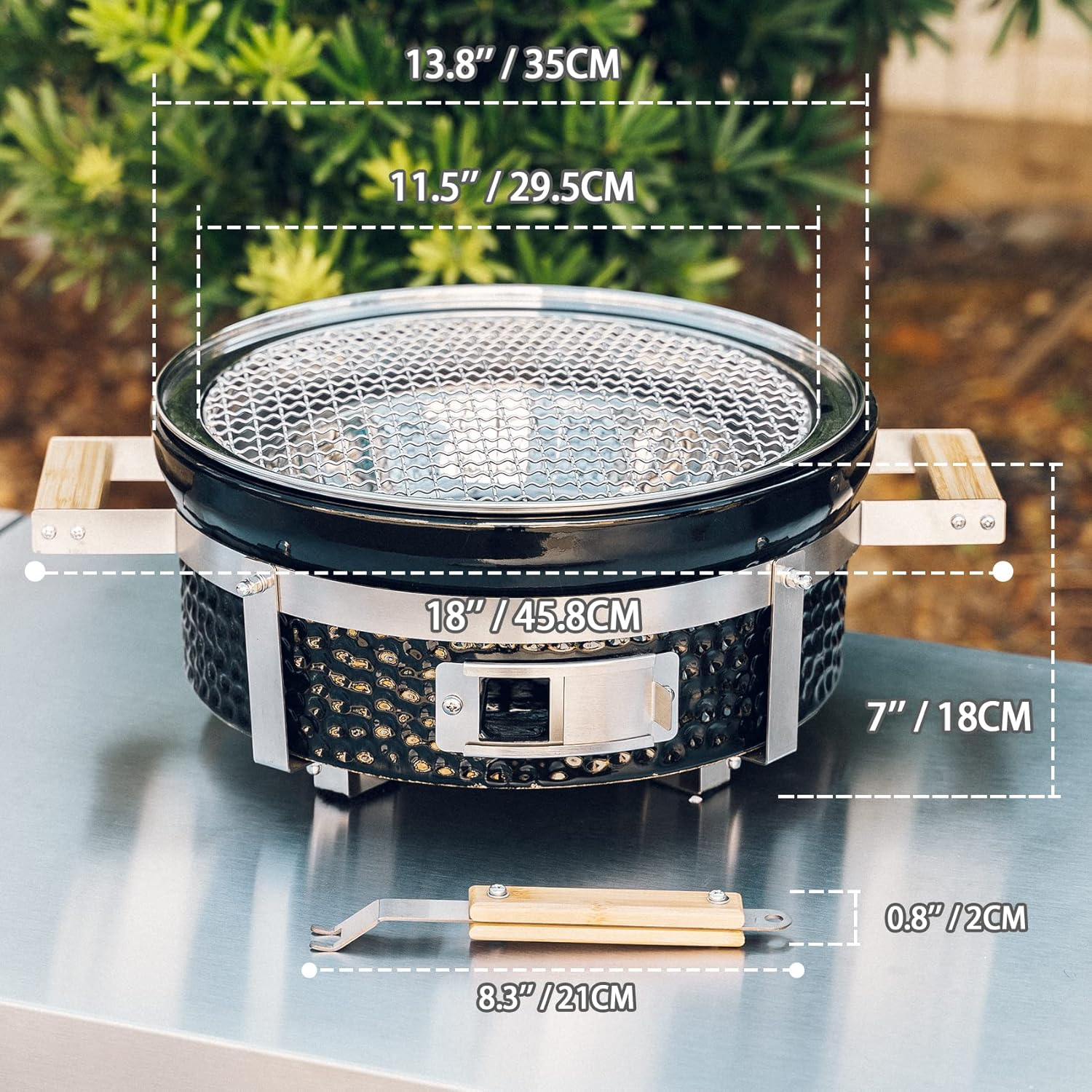 Onlyfire Ceramic Hibachi Charcoal Grill with Grid Lifter, 14" Portable BBQ Yakitori Grill with Stainless Steel Grate for Outdoor Patio Backyard Barbecue Cooking, GS305 image number 6