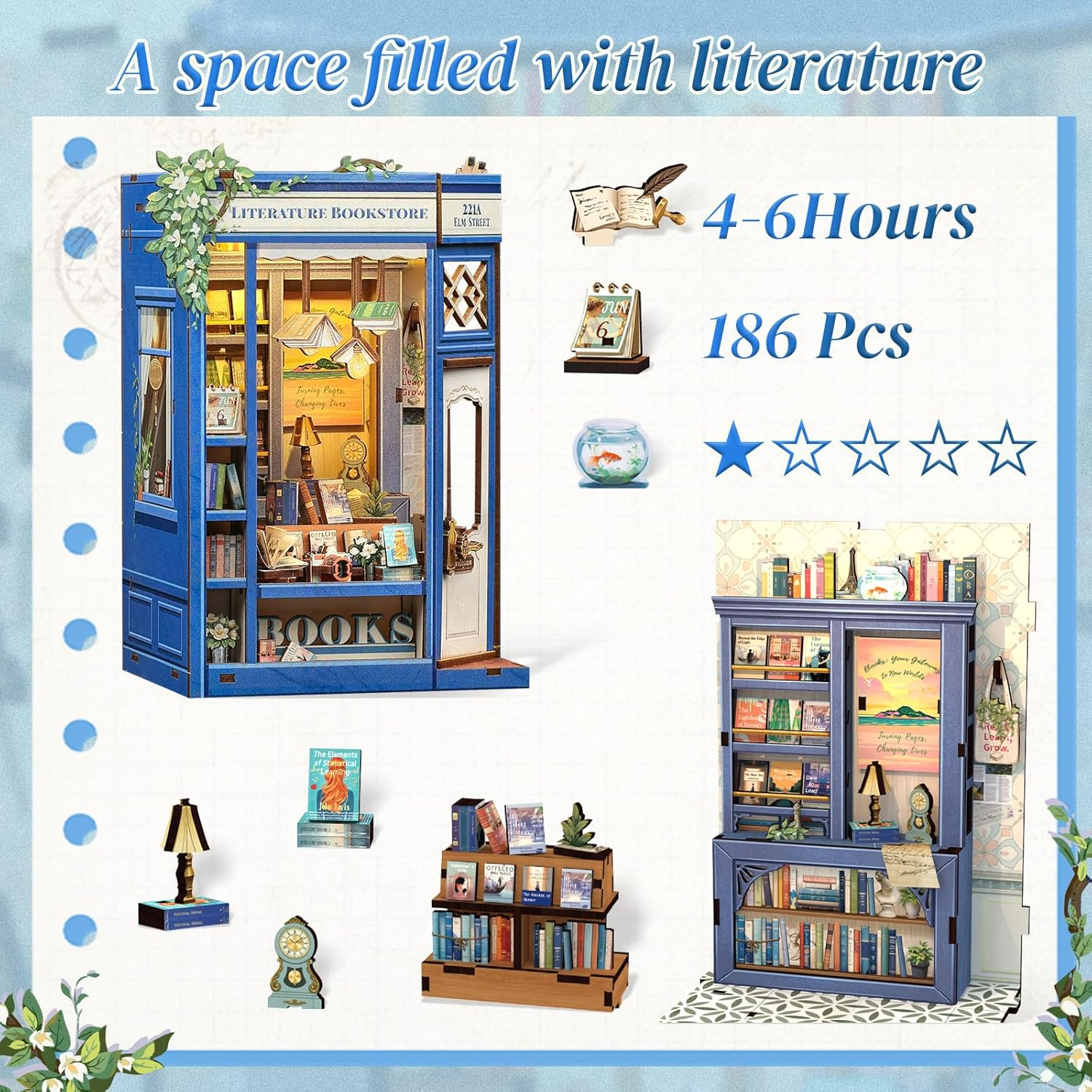 CUTEBEE Book Nook Kit - DIY Miniature House Dollhouse Kit for Adults and Teens, 3D Wooden Puzzle Booknook Build Bookshelf Decor for Family and Friends (Literature Bookstore) image number 6