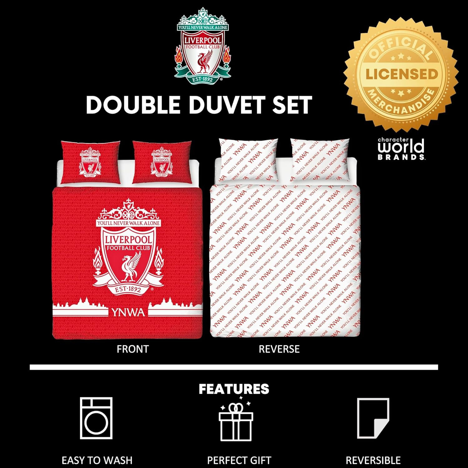 Character World Official Liverpool FC Double Duvet Cover Set, Tone Design | Red Reversible 2 Sided Football Bedding Cover Official Merchandise Including Matching Pillow Cases image number 2