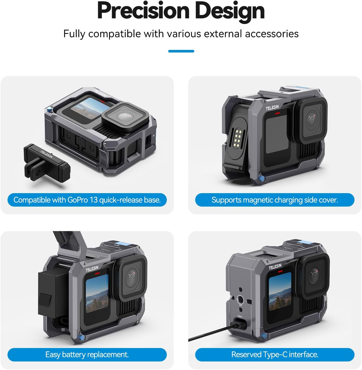 TELESIN Aluminum Cage Protective Case for Go Pro Hero 13, Black, Fits Go Pro with ND CPL Lens Filter, Max Lens on Camera, with Cold Shoe Mount to Video Light Microphone image number 1