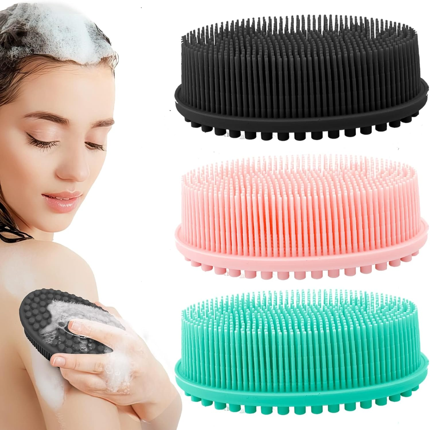 Silicone Scrub, 3PCS Body Scrub, Silicone Shower Body Brush, Bath & Shower Brush, Soft Silicone Loofah Exfoliator (Pink + Green + Blue) image number 5