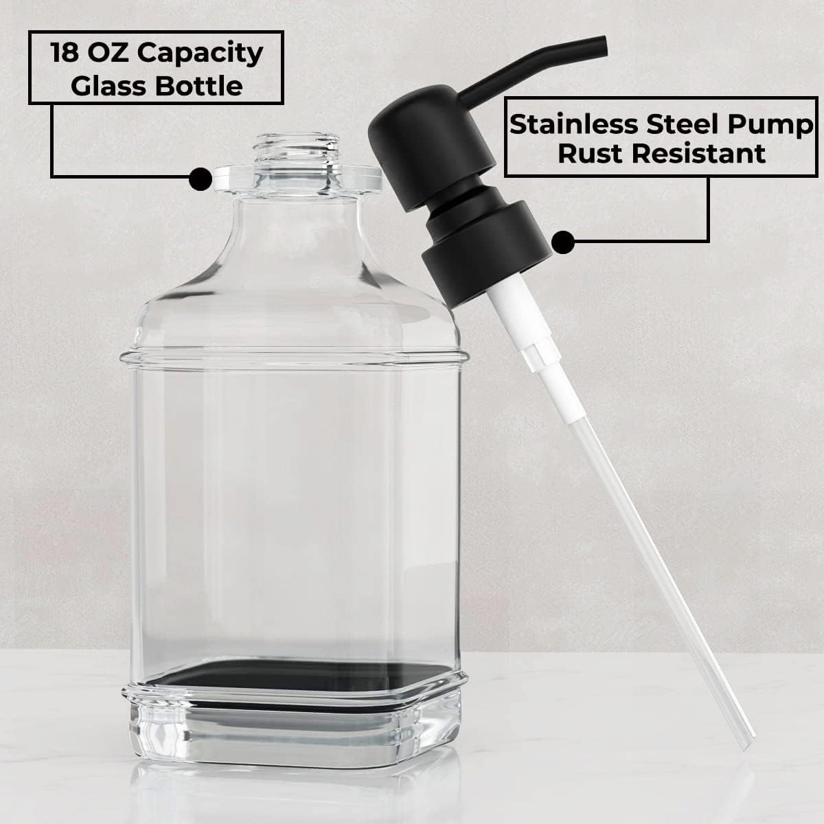 Soap Dispenser 2 Pack, 18 Oz Antique Design Thick Glass Hand Soap Dispensers with 304 Rust Proof Stainless Steel Pump 4 Clear Stickers for Bathroom Kitchen image number 2