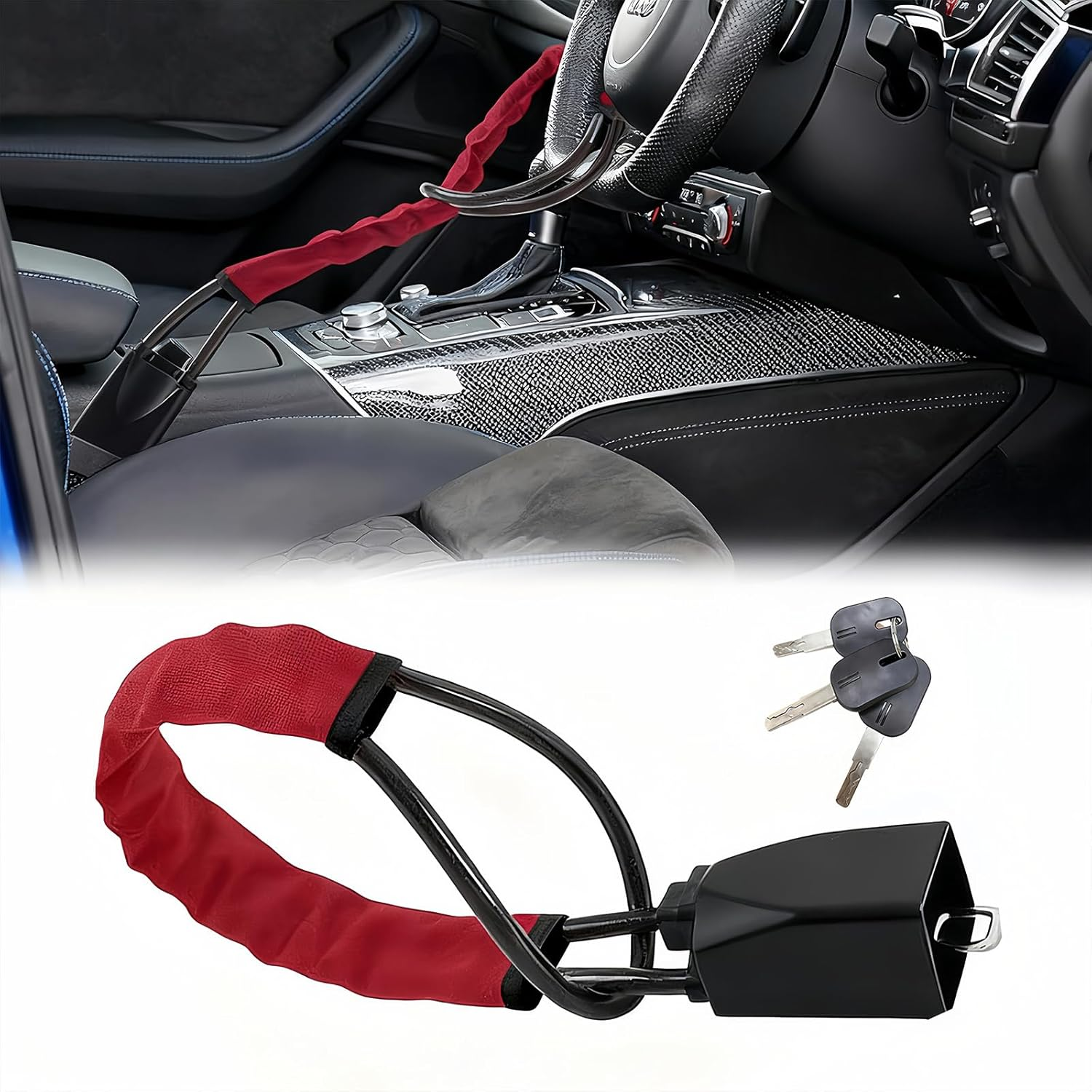 Car Steering Wheel Lock & Seat Belt Lock - Max 17&rdquo; Length, Universal Anti-Theft for Cars, Suvs, Golf Carts | Compact, Lightweight & Multi-Functional Security Device with 3 Keys (Black)