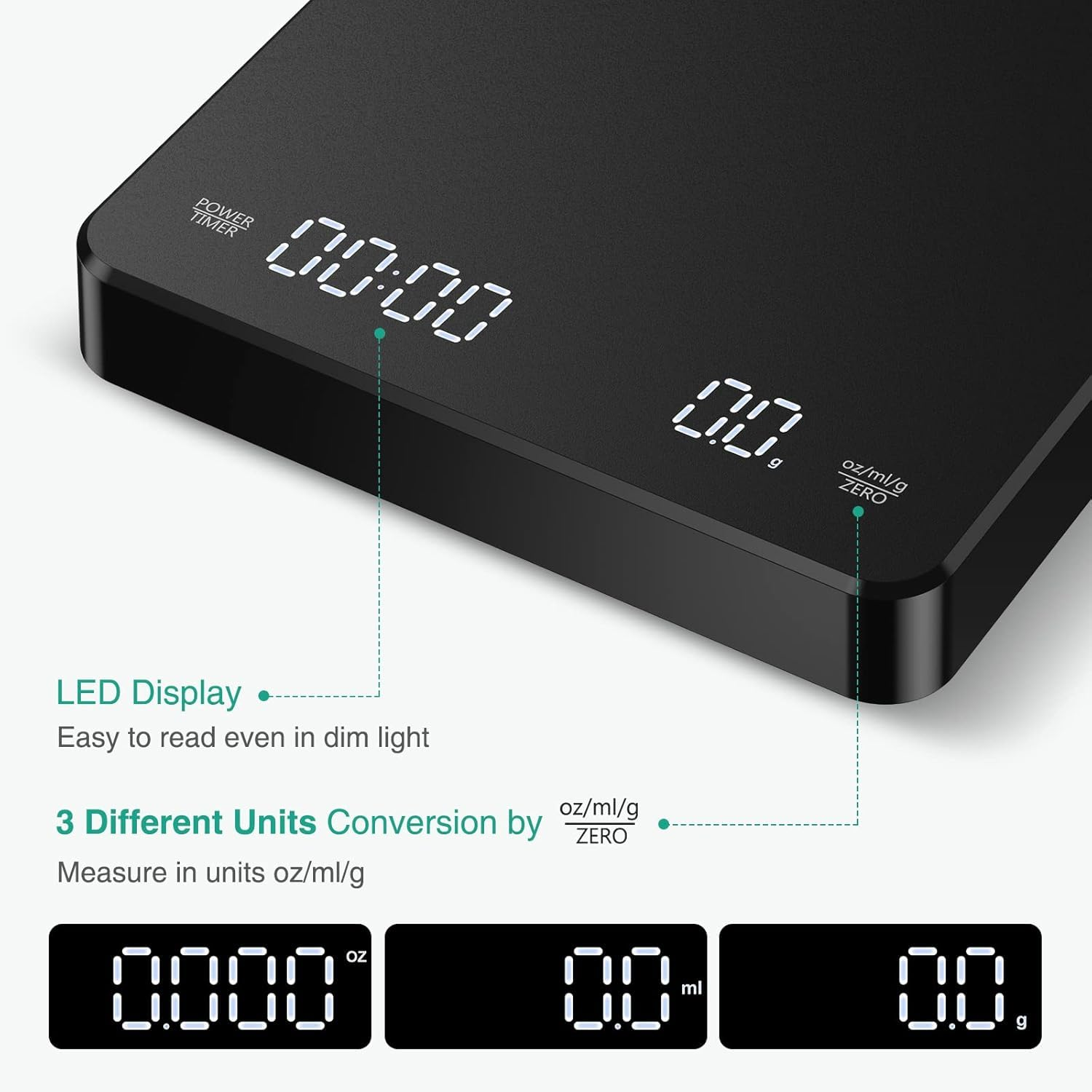 Digital Coffee Scale with Timer, Rechargeable Portable Drip Espresso Scale 3Kg/0.1G Precision Kitchen Scale with Automatic Timing Function,With Waterproof Insulation Pad (Black) image number 5