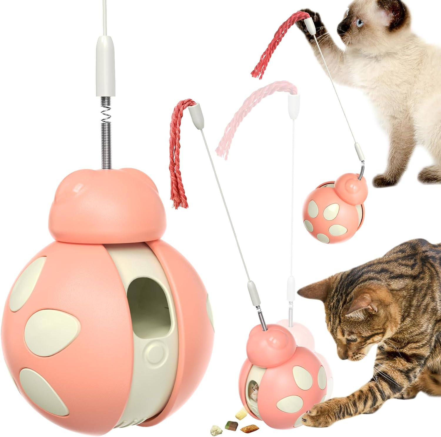 CYBERNOVA Interactive Cat Toy with Spring-Loaded Teaser Wand, Built -In Wobble Treat Dispenser/Pet Puzzle Toy/Slow Feeder for Cats and Kitten (Pink)