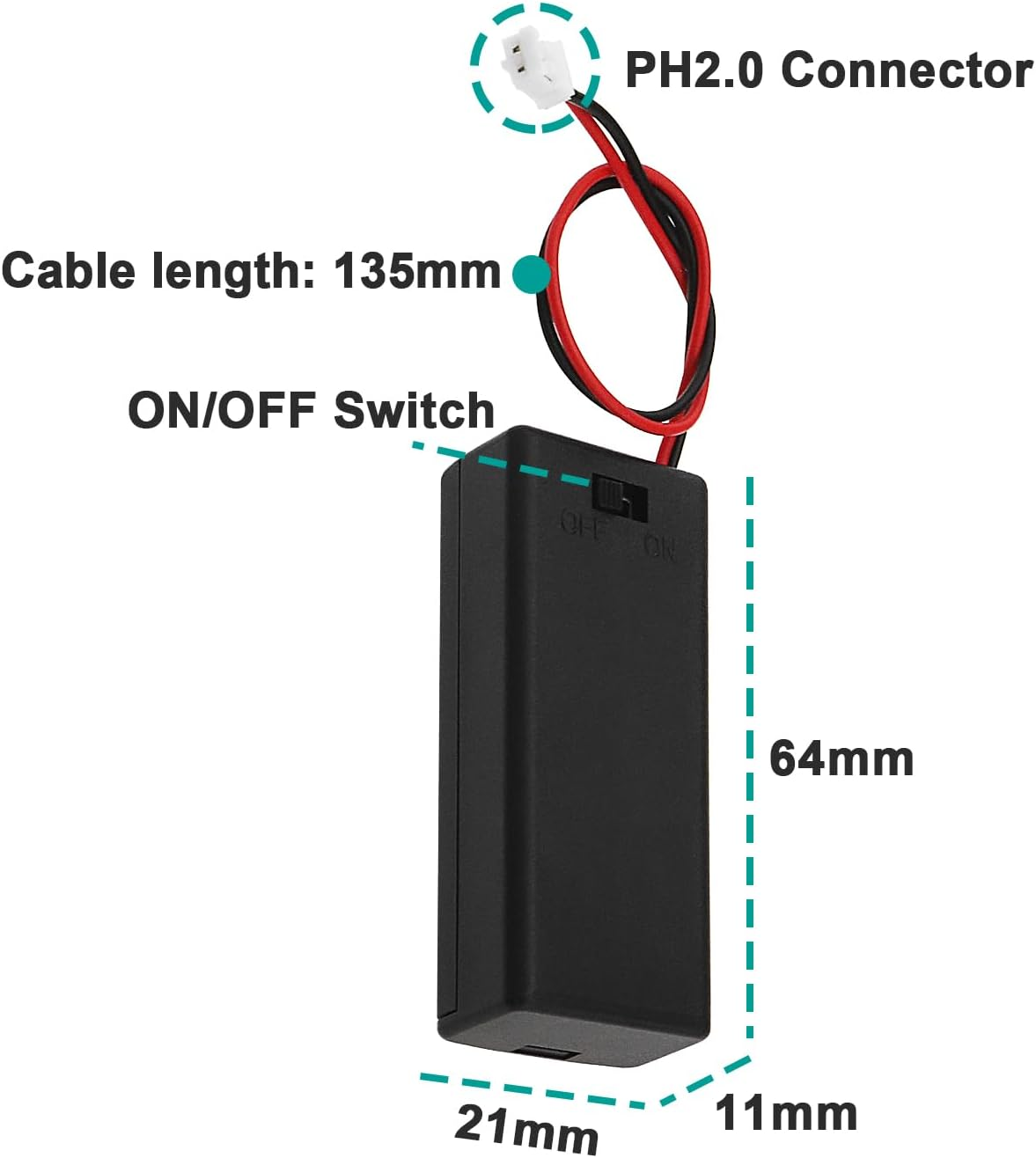 5PCS Black 3V 2 AAA Battery Holder Pack Case Cover Storage Box with On/Off Switch Ph2.0-2Pin Male Connector Cable Compatible with BBC Micro:Bit Board 135Mm image number 3