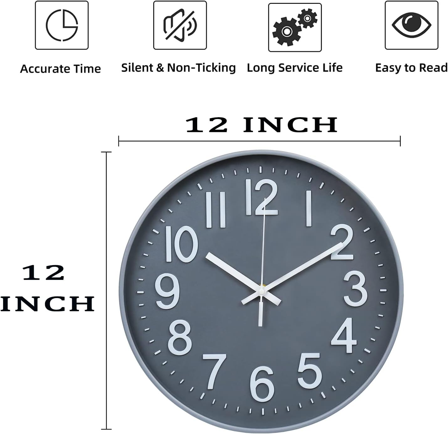 Wall Clock 12" Silent Non-Ticking Modern Wall Clocks Battery Operated for Office, Home, Bathroom, Kitchen, Bedroom, School, Living Room White (Grey Clock) image number 5