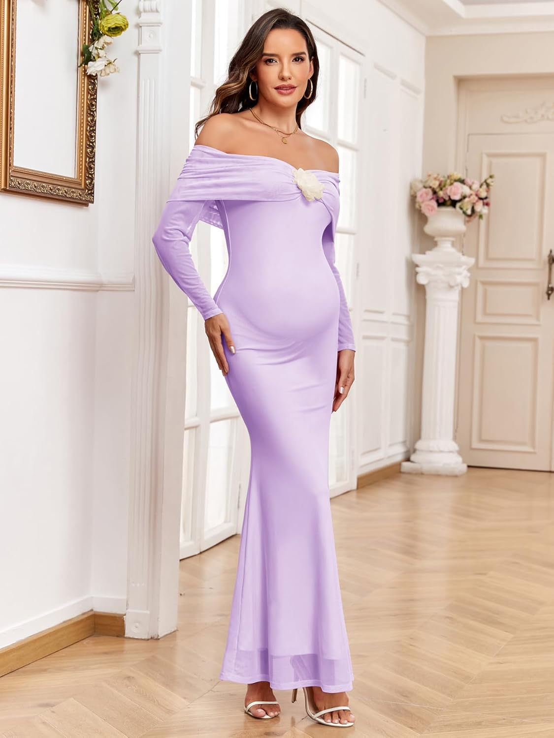 Maternity off the Shoulder Mermaid Maxi Dress Mesh Bodycon Pregnancy Dresses Baby Shower Photoshoot with Floral image number 7