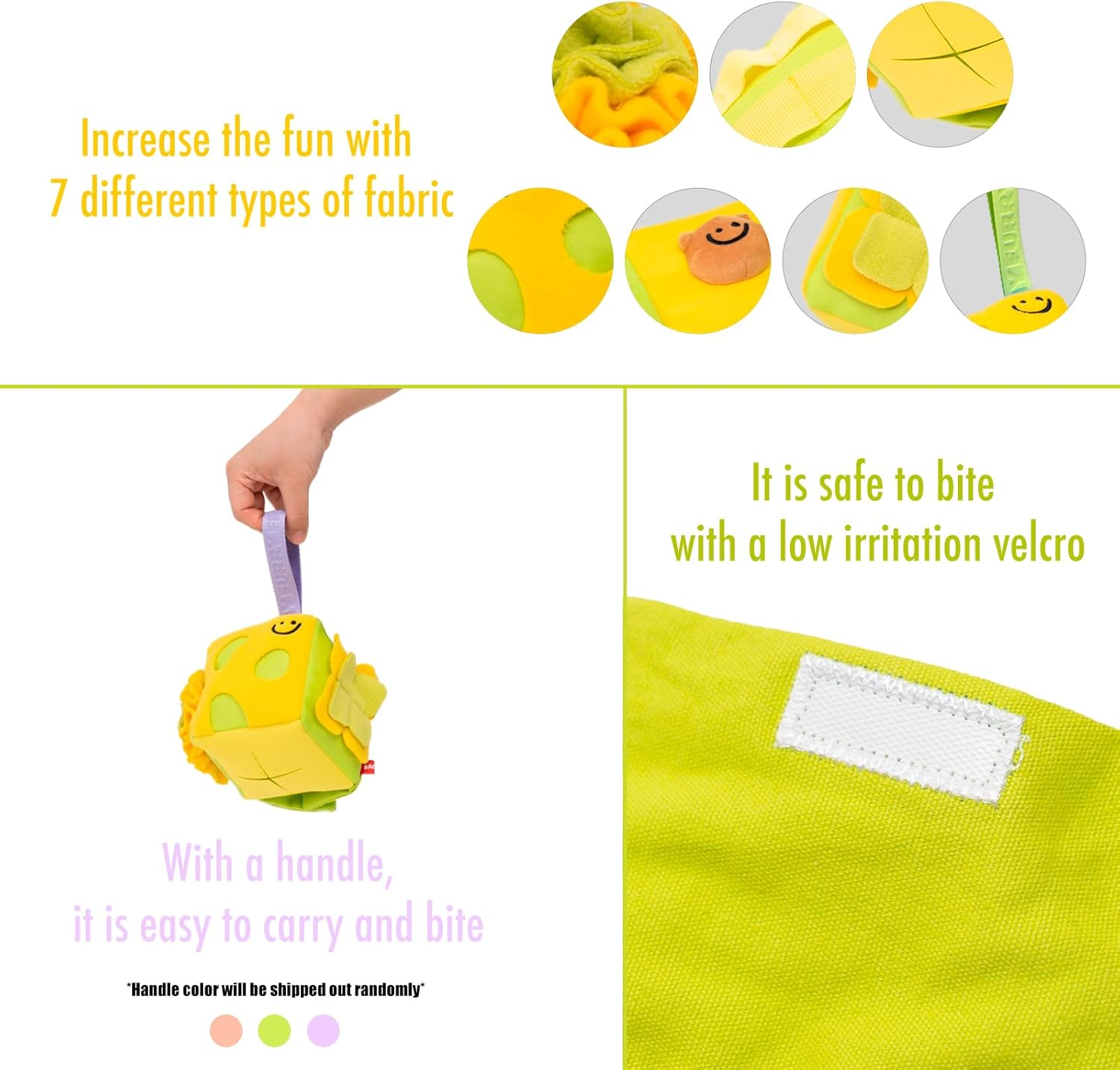 Interactive Treat Dispensing Dog Plush Toy in Shape of Cube, Light Yellow and Green, with Squeaker and Crinkle Paper, Snuffle Toy for Dogs image number 3