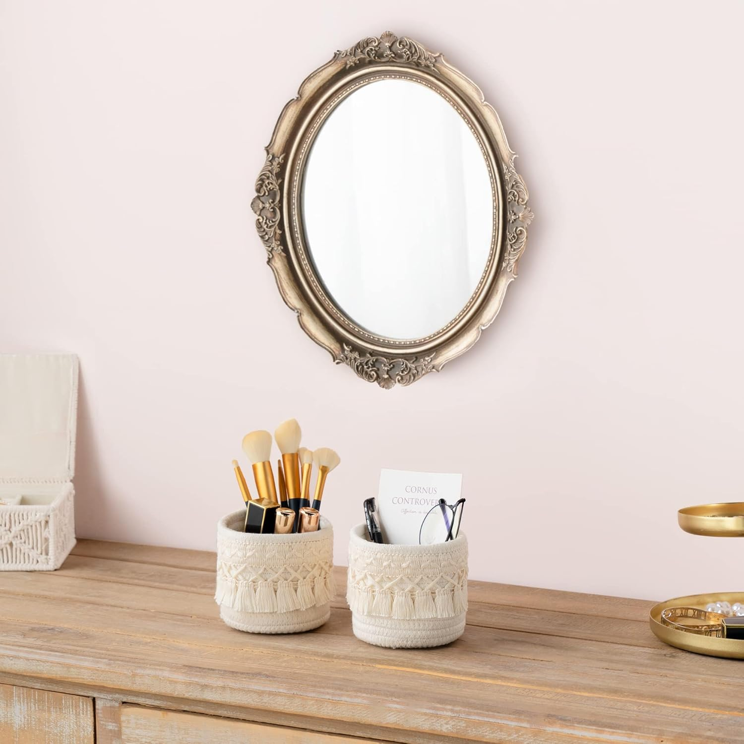 PAOFUFUI 2 Pcs Macrame Makeup Brush Holder Organizer Comb Brushes Mini Storage Basket, Boho Decor Baskets for Pen Pencil Box Container (2 Beige) image number 6