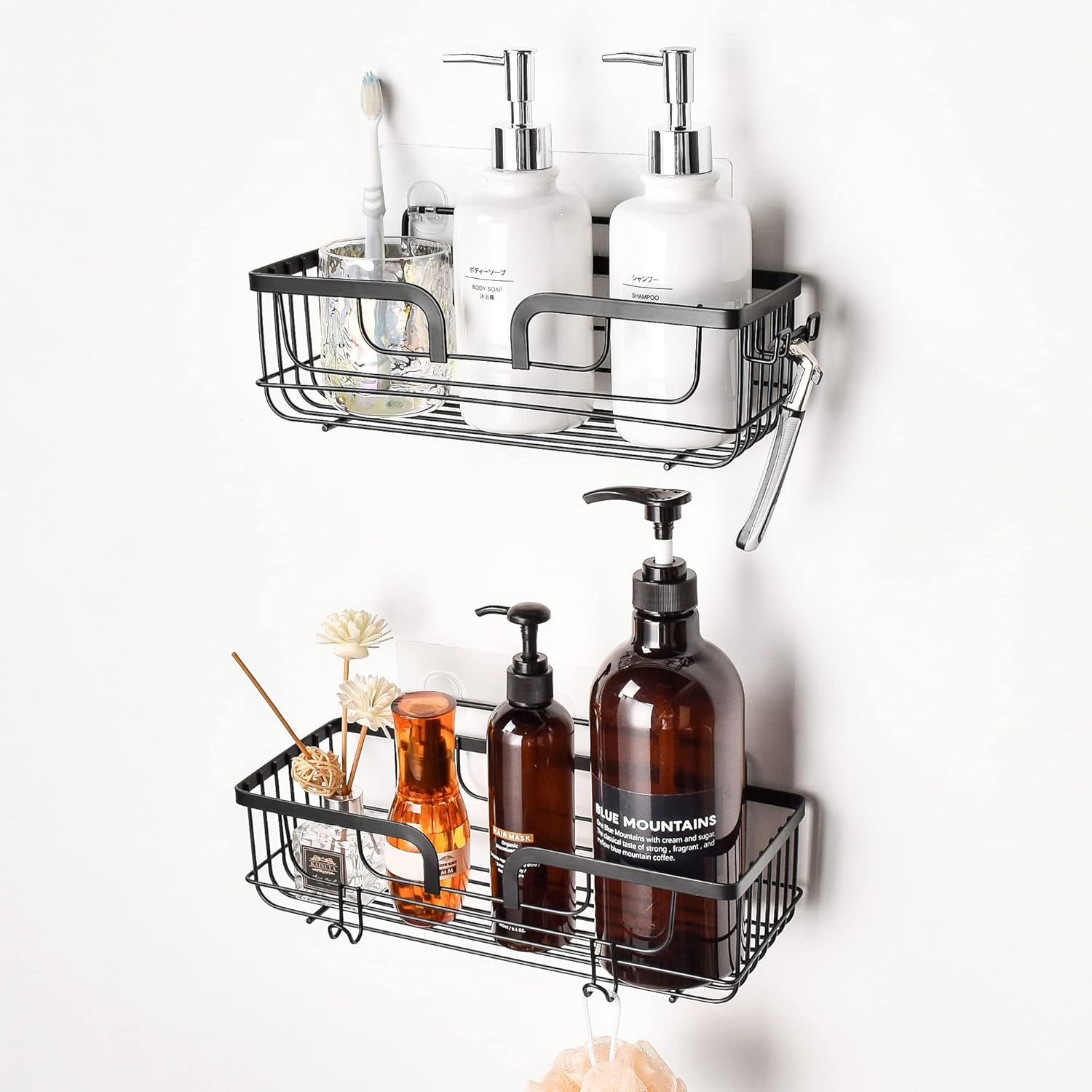 YOHOM Shower Caddy Basket Bathroom Shelves Organiser Storage Adhesive Kitchen Rack Shampoo Shower Gel Holder Wall with Hooks for Razor and Sponge Stainless Steel No Drilling Black 2Pcs image number 5