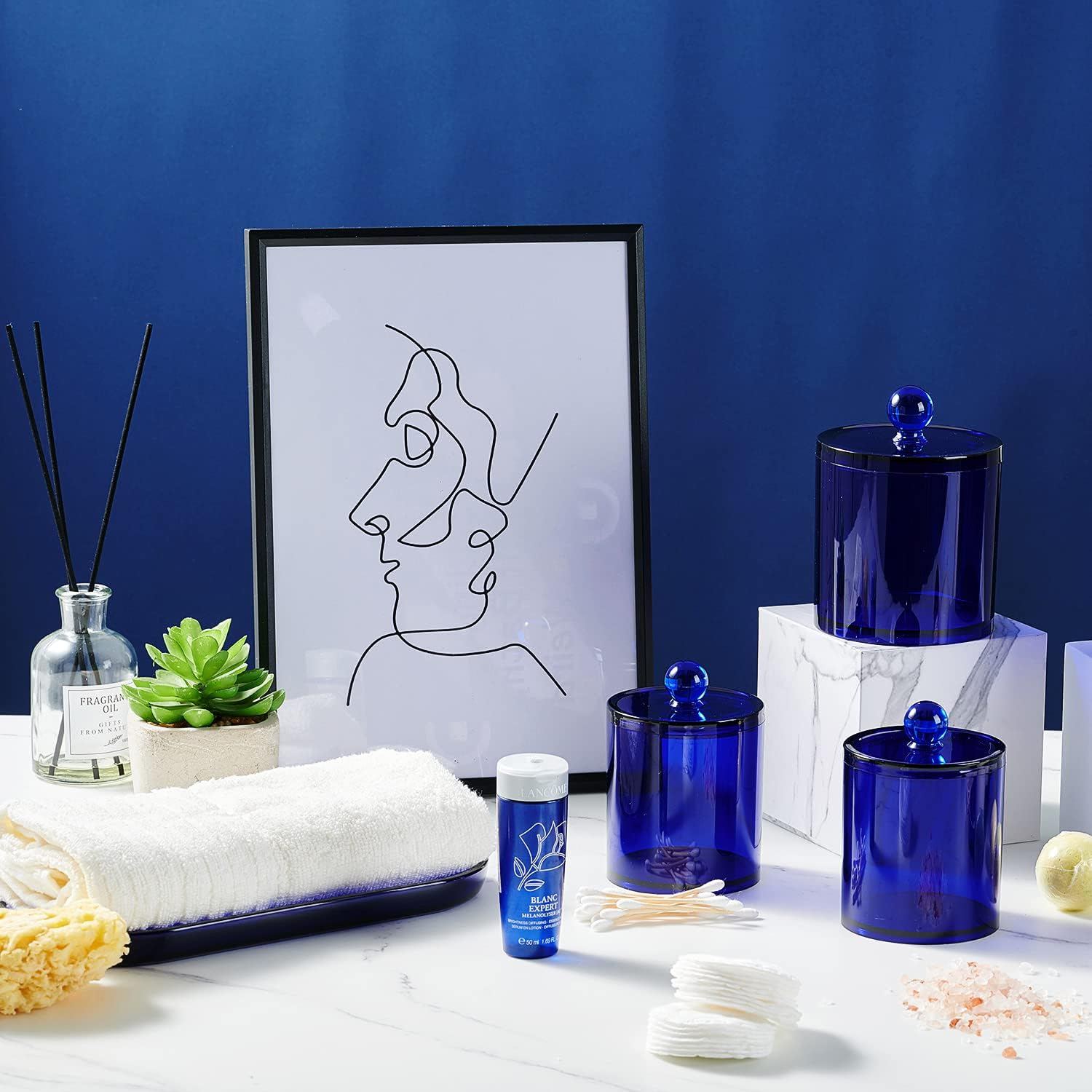 Sheechung 6-Pack Blue Acrylic Apothecary Jars - (3) 12Oz & (3) 10Oz Qtip Holder Set with Labels - Shatterproof Bathroom Vanity Organizer for Cotton Swabs, Balls, Pads - Coastal Decor image number 5