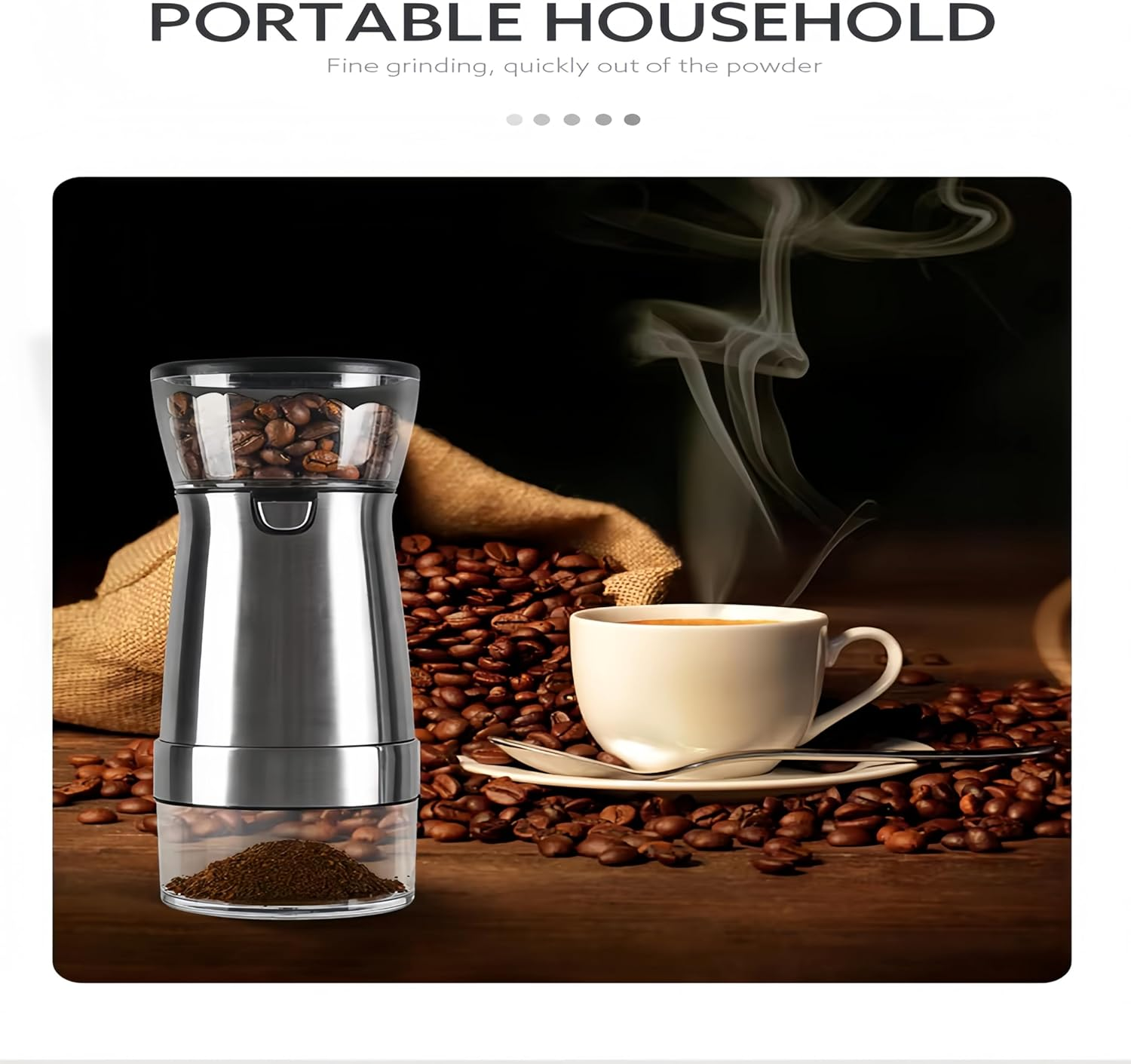 Azragon Coffee Grinder Electric - USB Rechargeable, Type-C Fast Charging, 1200Mah Battery for 25 Cups, Compact Travel & Home Use, Grinds 20G/Single or 60G/Bulk(Black) - Silver image number 4