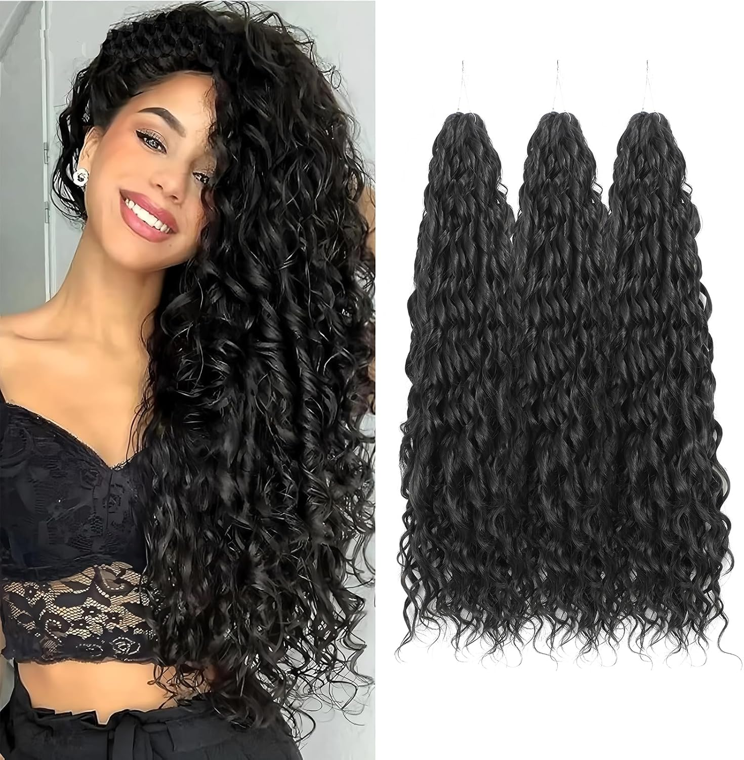 24Inch Deep Wave Twist Curly Crochet Hair Extensions 3Pack Deep Wavy Air Curl Bulk Hair Synthetic Boho Braids Water Wave Crochet Hair Extension for Women (T27/613, 24Inch-3Pack)