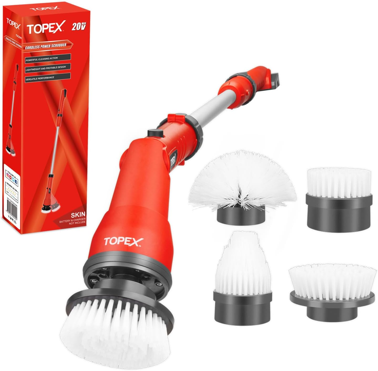 TOPEX 20V Cordless Power Scrubber Rechargeable Electric Bathroom Scrubber Shower Scrubber W/Extension Handle & 4 Replaceable Brush Heads (Skin Only-Battery and Charger NOT Included) image number 2