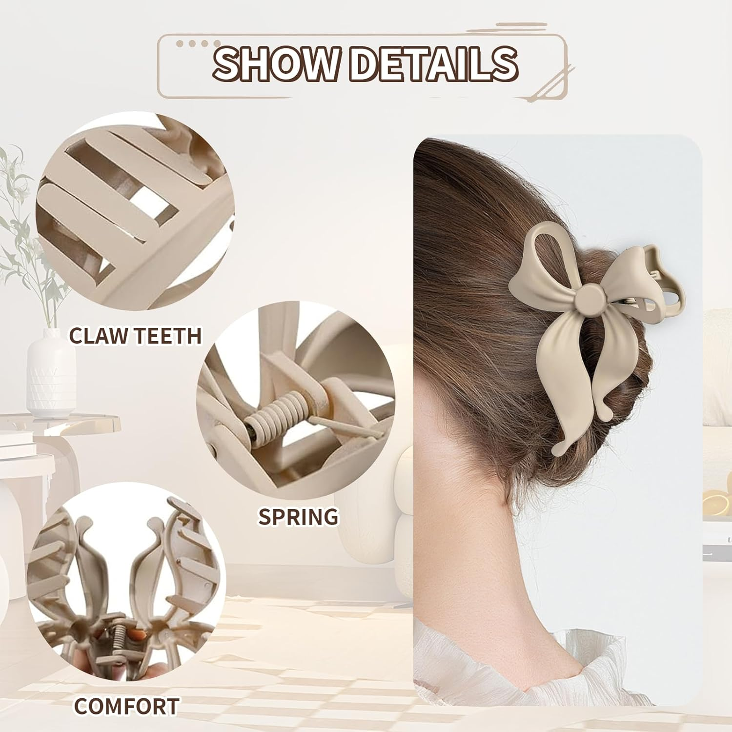 Auroriel 4 Pieces Sweet Bow Hair Clips for Women Non-Slip Large Matte Strong Hold Bow Hairpins for Thin and Thick Hair Chic Hair Styling image number 6