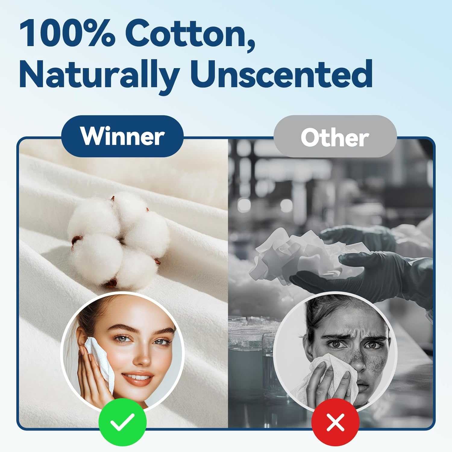 Winner Soft Face Towels, 100% USDA Biobased Facial Towels, Unscented Cotton Tissues for Sensitive Skin, Oeko-Tex Certified Face Towelettes Disposable, Makeup Remover Dry Wipes, 600 Ct, 6 Pack image number 1