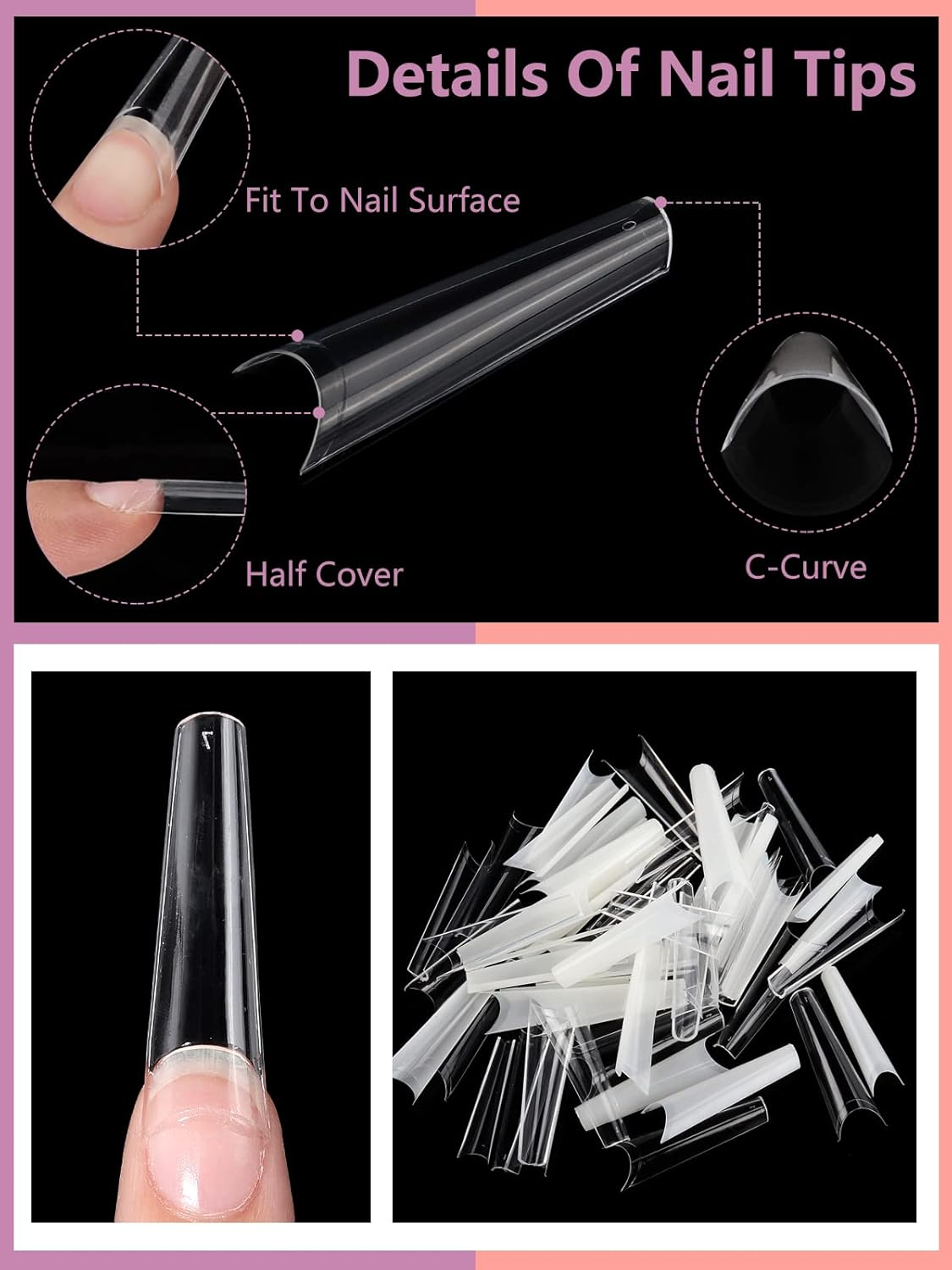 480PCS Coffin Nail Tips for Acrylic Nails Professional Set, XXL Extra Long Acrylic Nail Tips and Glue Set, Half Cover Natural & Clear Coffin Nails Tips, Nail Kit with Nail Clippers Glue image number 4