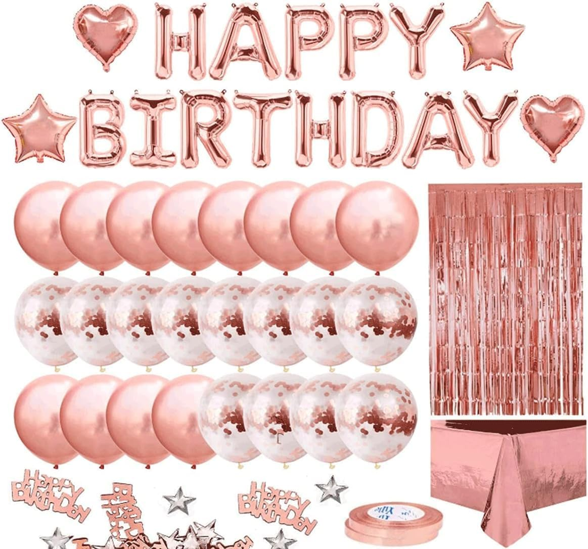 Rose Gold Balloons Party Decorations Supplies for Birthday, Wedding Decorations, Including Happy Birthday Banner, Sequin Table Runner, Rose Gold Balloons, Foil Fringe Curtains image number 1