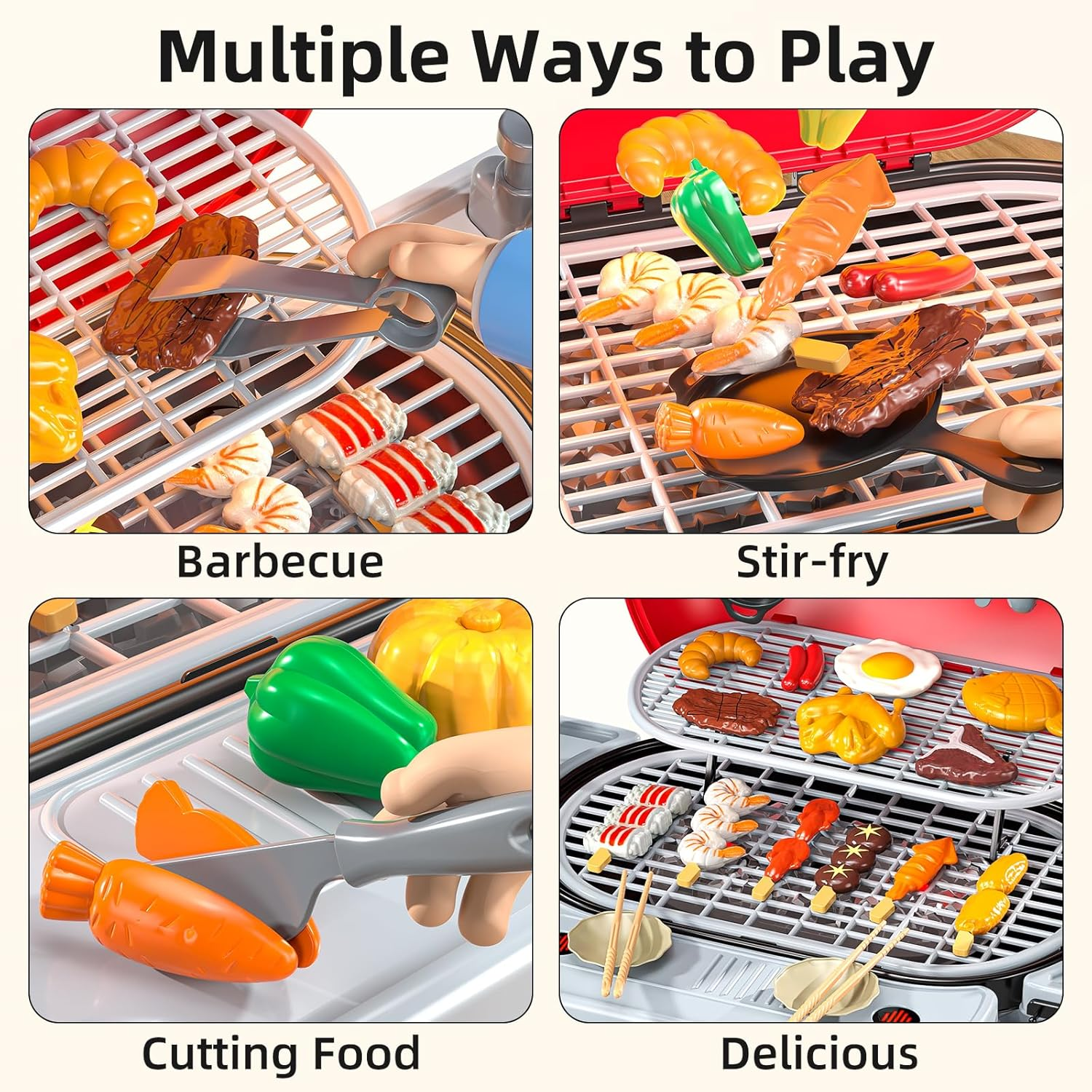 JUKUDAHU 65 PCS Play Kitchen Barbecue Toys Set for Kids Ages 3 4 5 6 7-2-Layer BBQ Grill Toys Play Food Set with Sound Smoke, Little Chef Cooking Pretend Play Gifts for Boys Girls 3-5 Indoor Outdoor image number 6