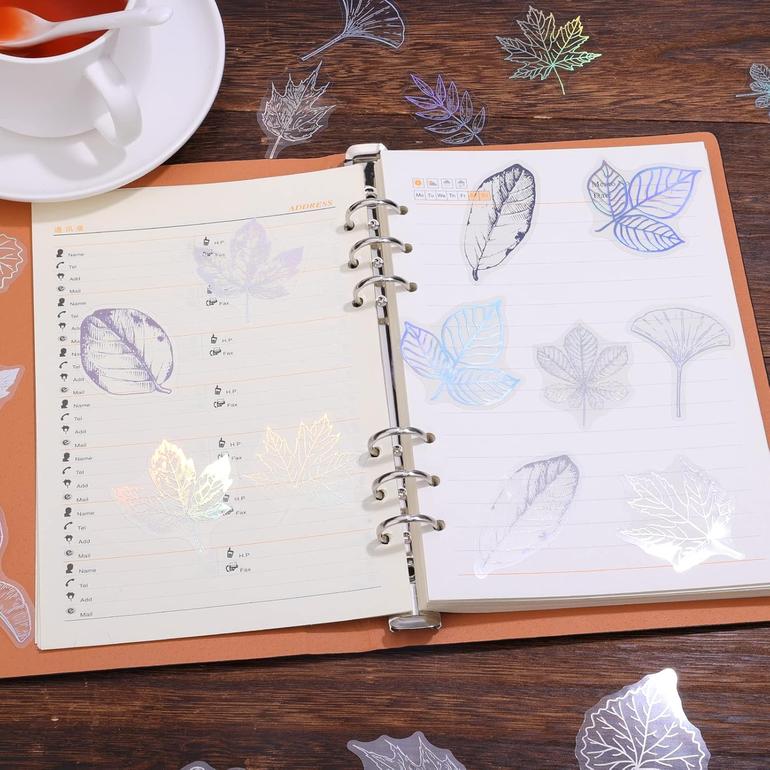 KINBOM 45Pcs Holographic PET Waterproof Glitter Resin Translucent Stickers - Transparent Adhesive for Scrapbooking, Diary, Daily Planner, Water Bottle (Leaf) image number 5