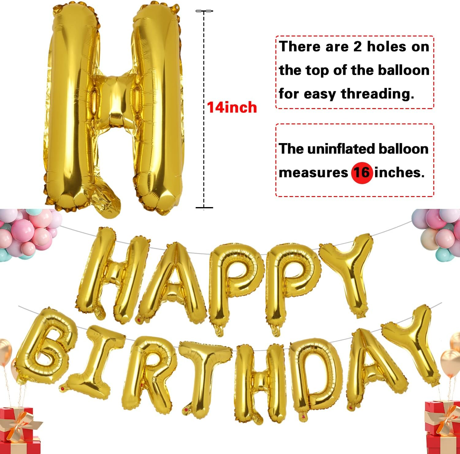 ACCEVO Happy Birthday Balloons Banner,16 Inch Aluminum Foil Letters, Birthday Party Decorations Happy Birthday Banner Party Decorations for Women Men Boys Girls Kids Gold Birthday Decorations Backdrop - Black image number 6