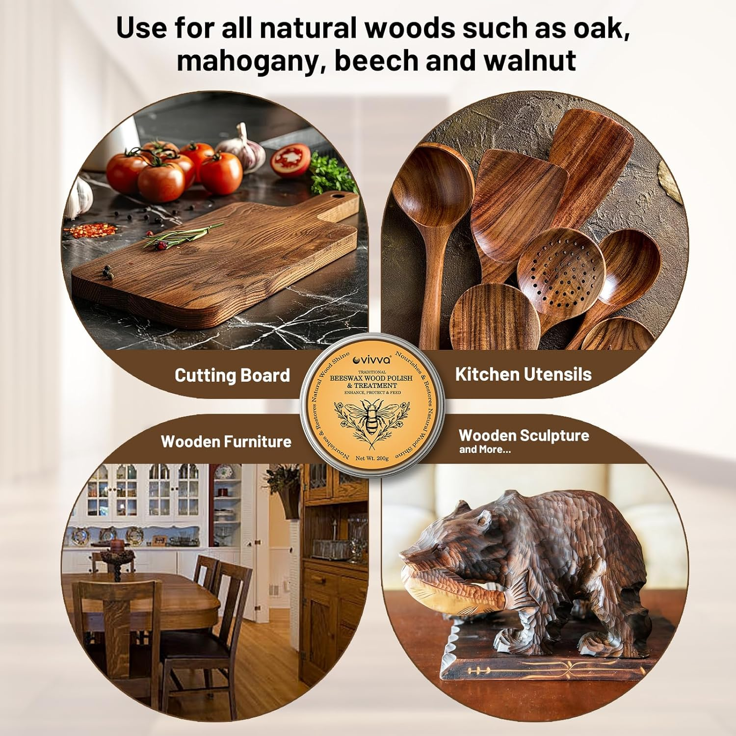 Vivva Australian Made Beeswax Wood Polish & Conditioner 200G with Sponge Food Grade Beeswax Polish Suitable for Wooden Furniture, Chopping Boards, Bamboo & Wooden Surfaces