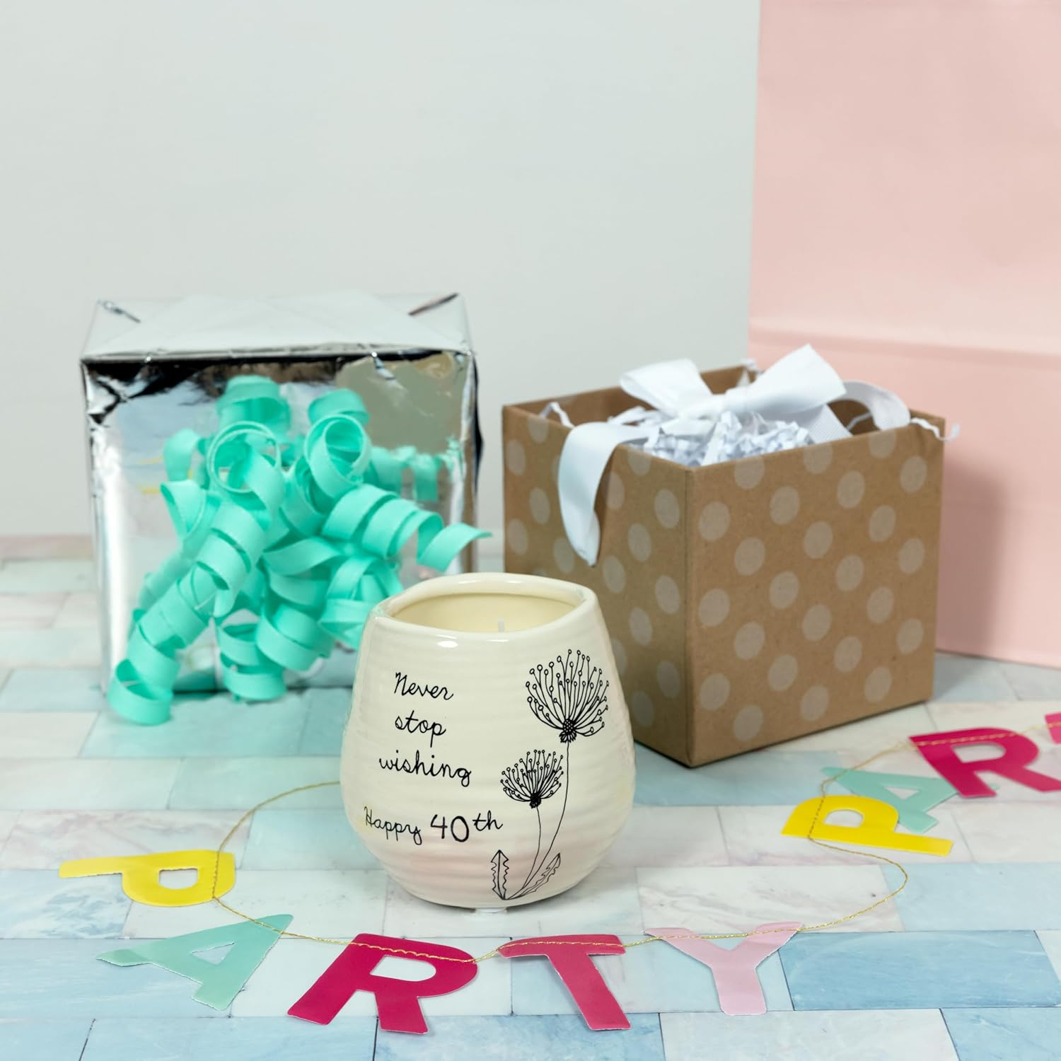 Pavilion Gift Company Never Stop Wishing Happy 40Th Birthday - 8 Oz Soy Wax Candle with Wick in a Yellow Ceramic Vessel 8 Oz-100 Scent: Serenity, 3.5 Inch Tall image number 2