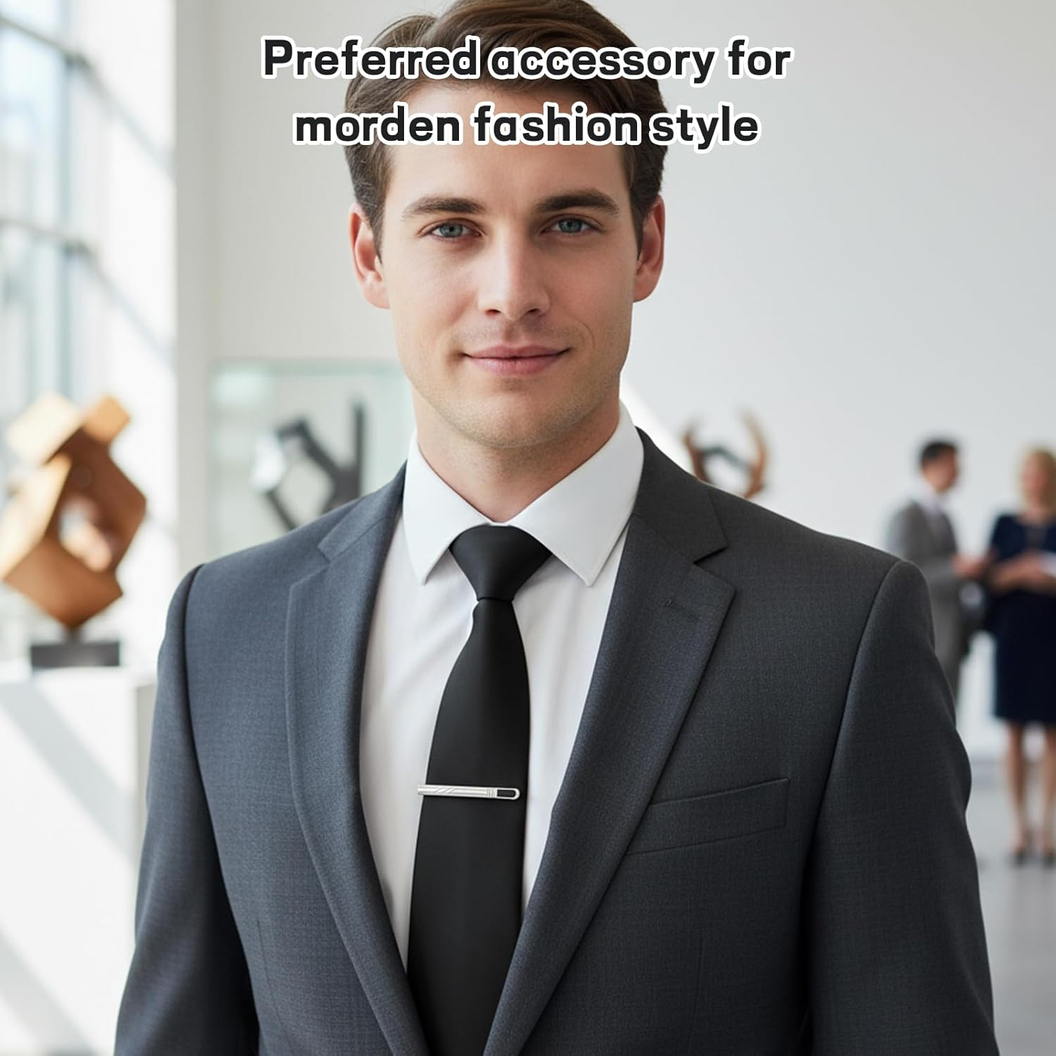 Black Tie for Men, Classic Formal Necktie with Silver Tie Clip, Elegant Accessory for Business Meetings and Weddings, 145 Cm Length, 8 Cm Width image number 1