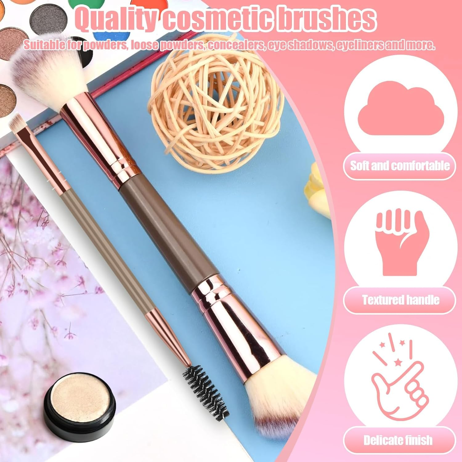 Double Ended Makeup Brushes, Foundation Makeup Brush and Angled Eyebrow Brush, Makeup Blending Brushes for Blending Liquid Powder, Concealer Cream Cosmetics, Eyeshadow, Blush Brush (Brown) image number 4