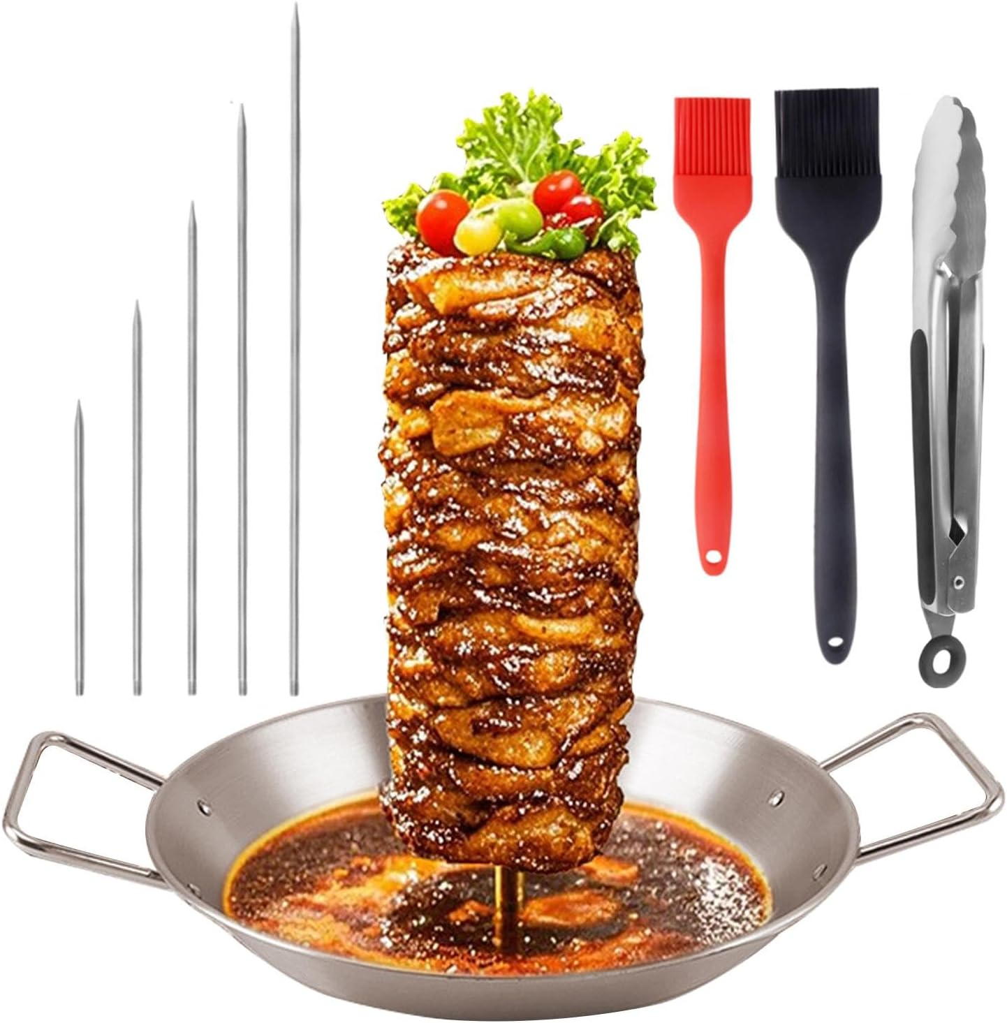 Stainless Steel Al Pastor Skewer Set for Grill, Brazilian Spit Stand with 5 Removable Skewer & 2 Brushes & BBQ Tongs,Perfect for Tacos Al Pastor, Shawarma, Kebabs, Smoker, Oven, BBQ&zwnj; image number 3