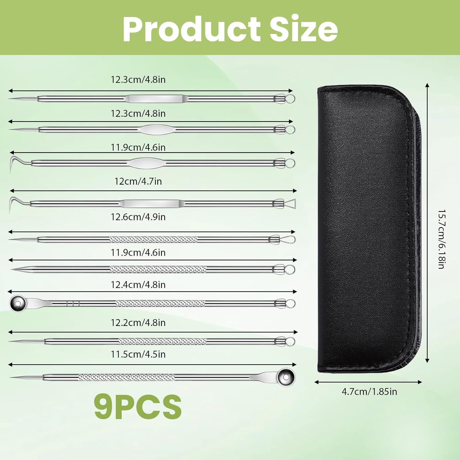 9 Pcs Blackhead Remover Kit - Acne Removal Popper Tool Sets for Blackheads, Whiteheads, Zits & Blemishes, Premium Stainless Steel Comedone Extractor with Portable Leather Case for Skin Care image number 3