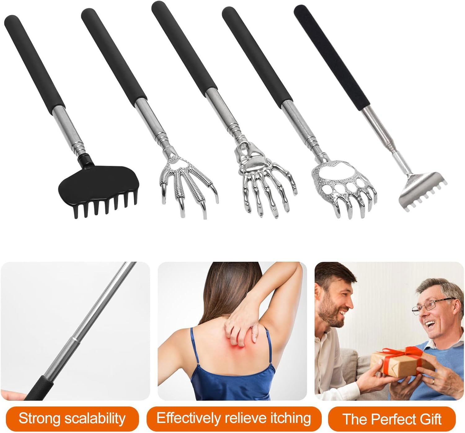 5PCS Telescopic Back Scratcher, Extendable Back Scratcher with Rubber Grip Handle and Bear Claw, Eagle Claw, Backs Scratchers for Men Women Kid Adults