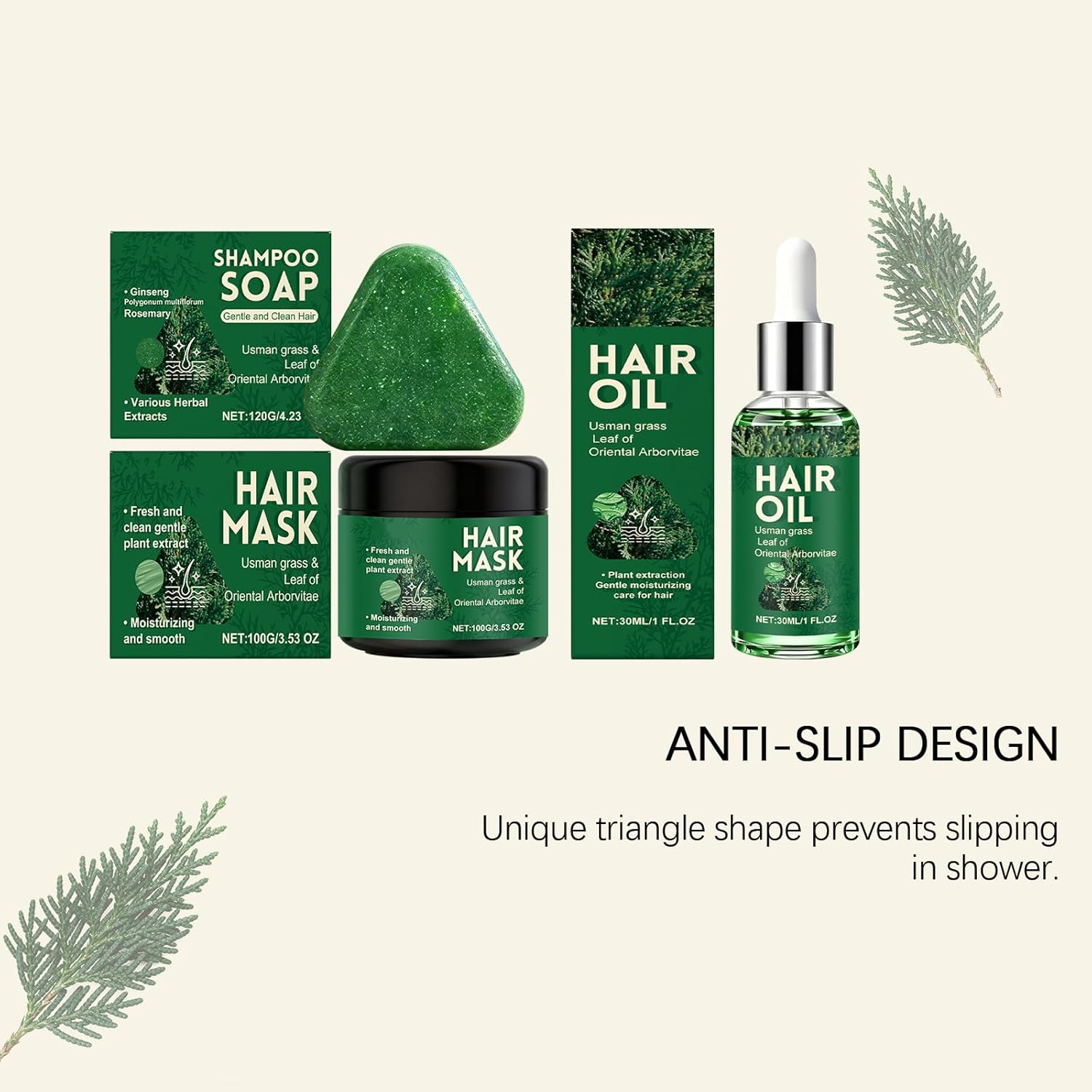 Arborvitae Leaf Hair Care Set Hair Oil Shampoo Bar Hairs Mask Set, Usman Grass Solid Shampoo Bar for Oily Scalp, Nourishing Mask for Dry Damaged Hairs, Usman Grass Oil for Frizz Control (2Set) image number 1