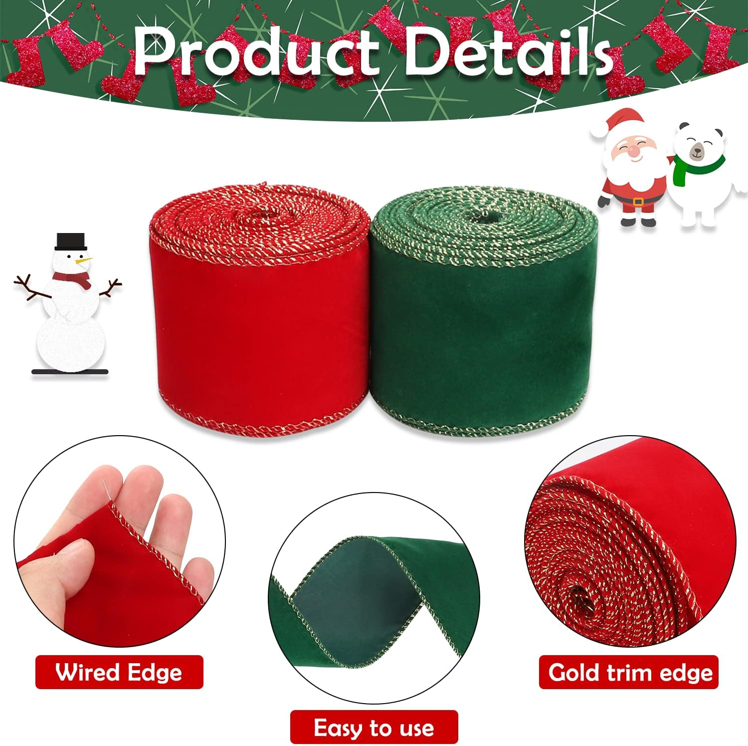 2 Rolls Christmas Wired Ribbon, 2.5 Inch X 10 Yards Red Green Velvet Xmas Ribbon with Gold Edge Vintage Christmas Ribbon for Christmas DIY Craft Home Garland Bow Door Wreath Decorations