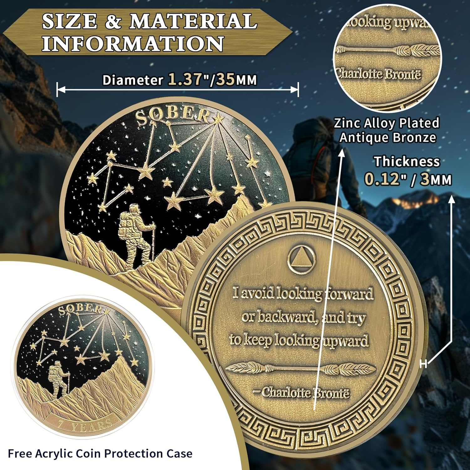 Under the Stars Pathfinder 7 Year Sobriety Coin, Explore Hope AA Coin - Bronze Seven Year Sober Medallions with Inspirational Quotes, Personalized Affirmation Sobriety Gifts for Men and Women image number 1